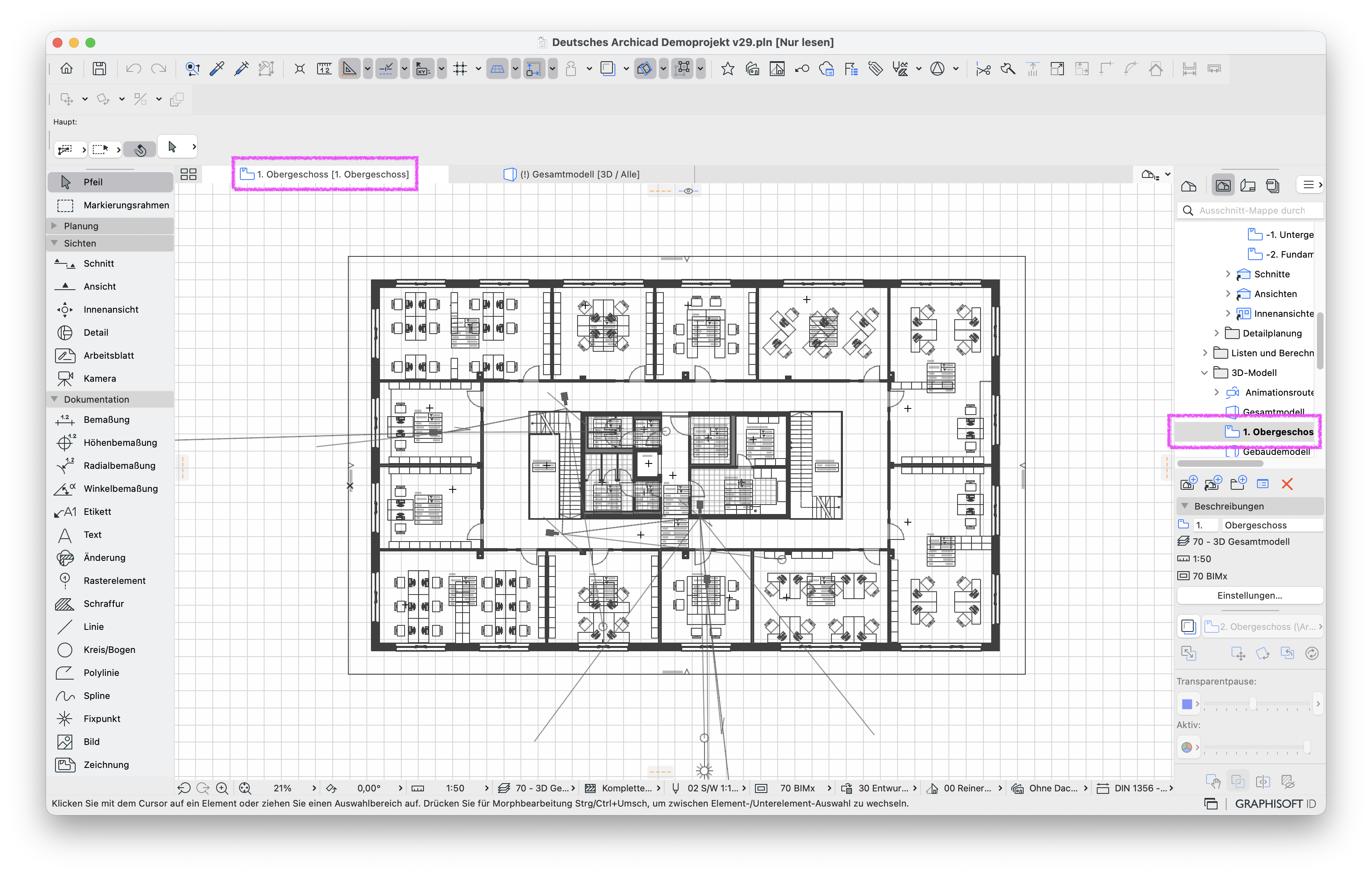 Offenes Archicad Programmfenster mit gerade erstellten Ausschnitt.