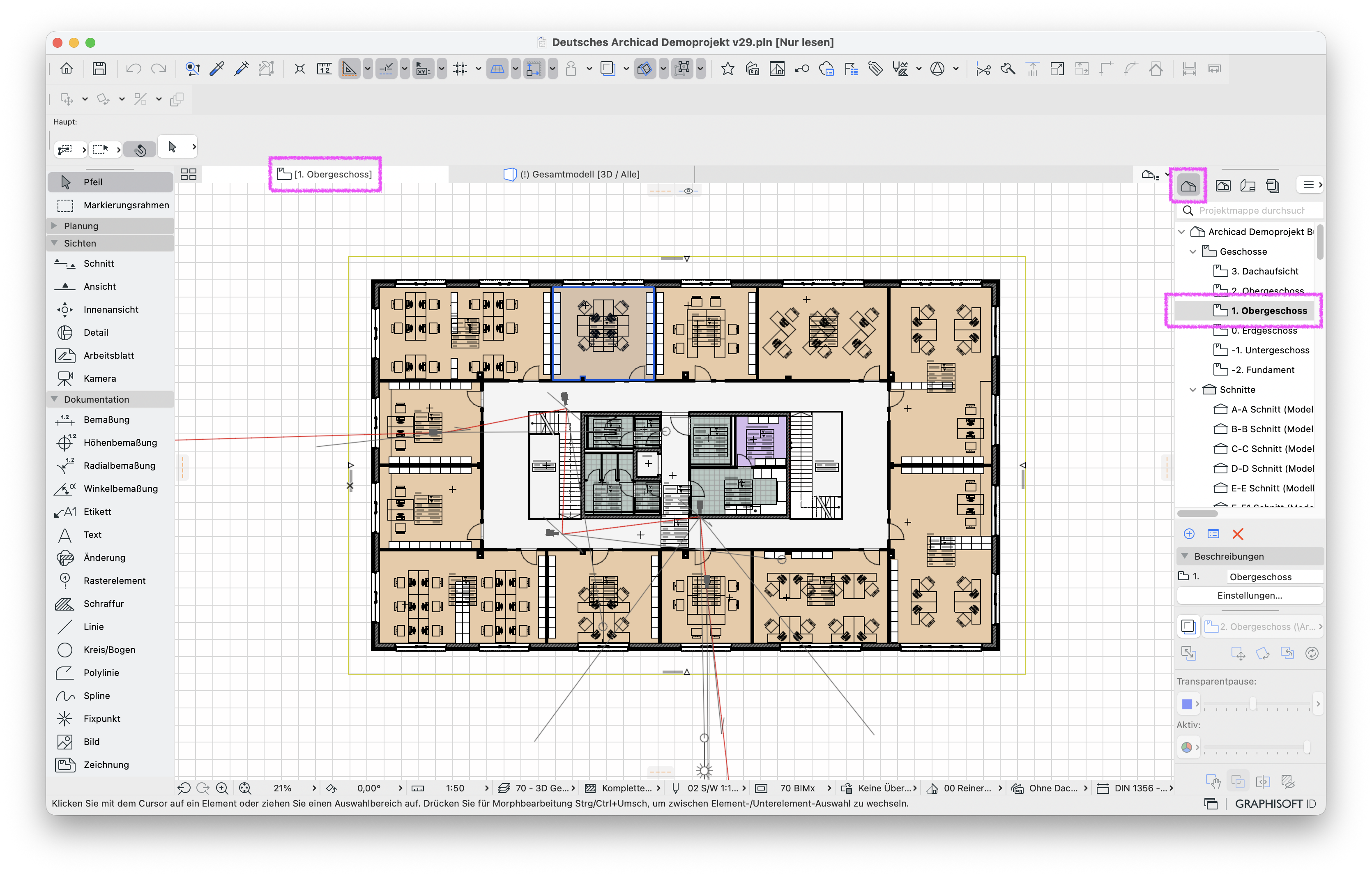 Programmfenster mit farbig dargestelltem Bürogrundriss, in dem das 1. Obergeschoss im Grundriss aktiv ist; oben in der Tab‑Leiste zeigt ein graues Ordnersymbol mit der Beschriftung 1. Obergeschoss eine Projekt‑Mappen‑Sicht, rechts im Navigator ist im Reiter Projekt‑Mappe derselbe Eintrag 1. Obergeschoss im Ordner Geschosse markiert.