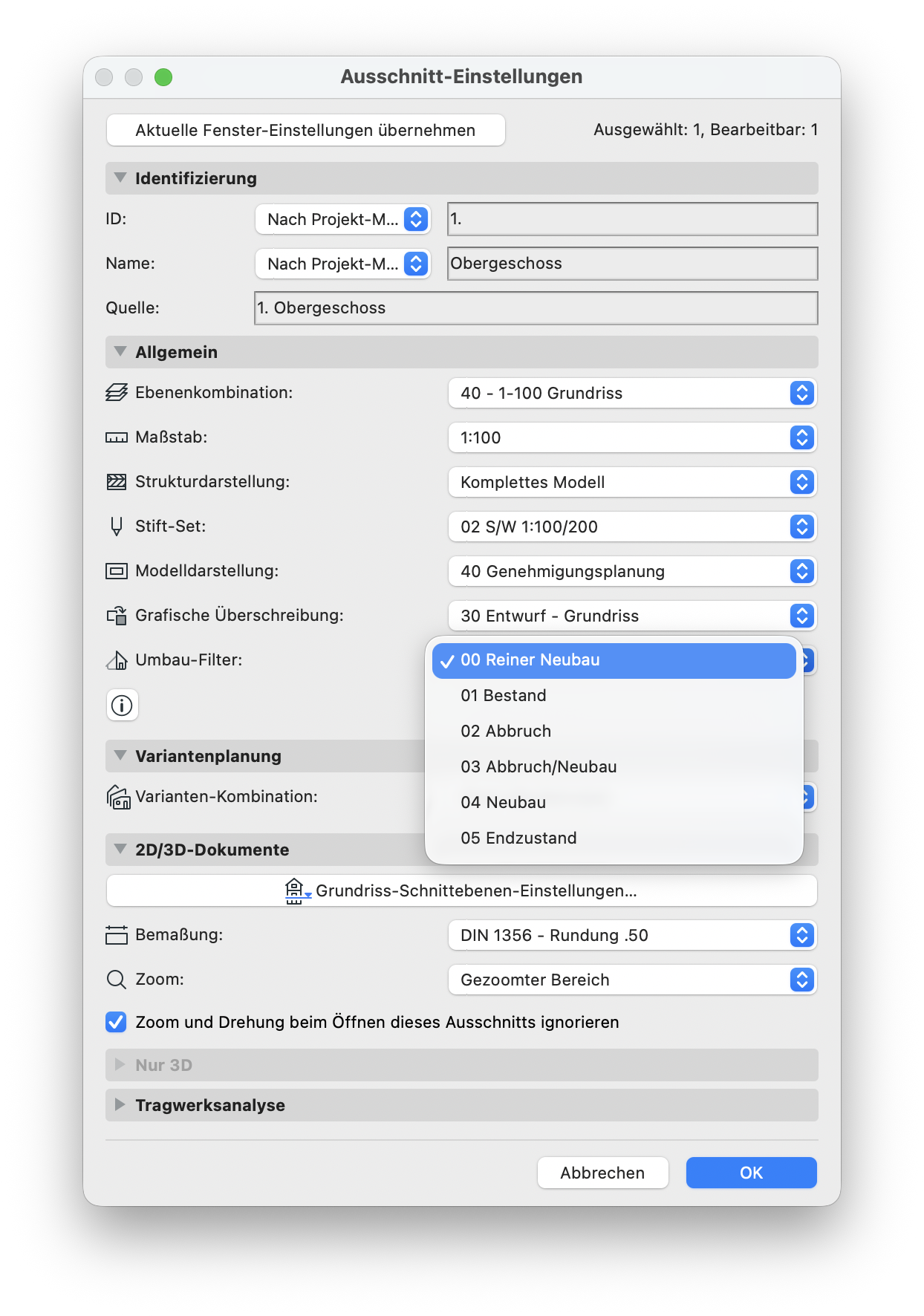 Dialogfenster Ausschnitt‑Einstellungen für den Ausschnitt 1. Obergeschoss; im Bereich Allgemein ist das Dropdown für den Umbau‑Filter geöffnet, in dem 00 Reiner Neubau ausgewählt ist, während weitere vordefinierte Filter wie 01 Bestand, 02 Abbruch, 03 Abbruch/Neubau, 04 Neubau und 05 Endzustand zur Auswahl stehen, darüber lassen sich unter anderem Ebenenkombination, Maßstab, Strukturdarstellung, Stift‑Set, Modelldarstellung und grafische Überschreibung einstellen.