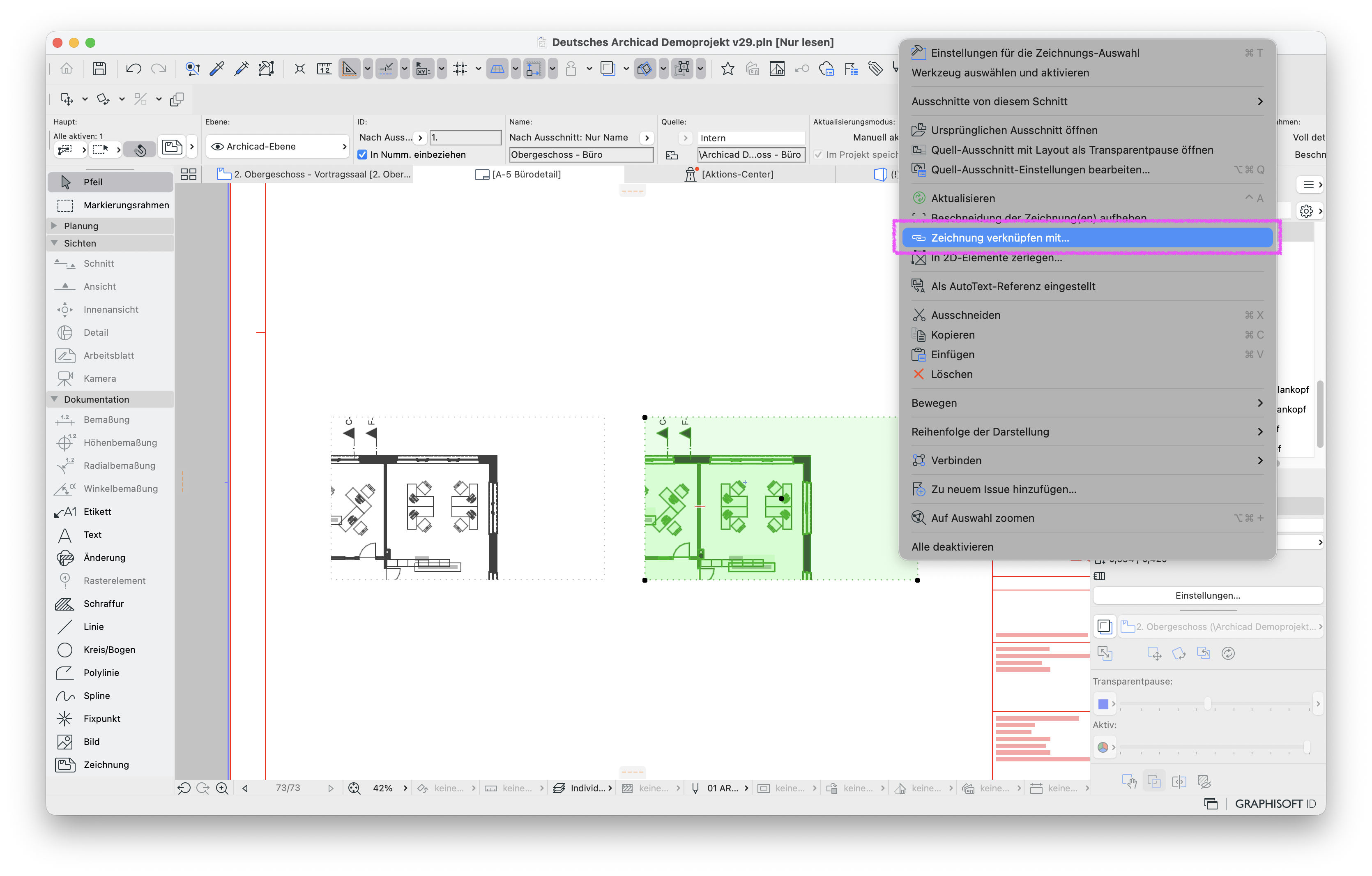 Layout‑Fenster mit zwei platzierten Grundriss‑Zeichnungen, von denen die rechte grün markiert ist; auf dieser Zeichnung wurde ein Rechtsklick ausgeführt, wodurch das Kontextmenü Einstellungen für die Zeichnungs‑Auswahl erscheint, in dem der Befehl Zeichnung verknüpfen mit… hervorgehoben ist, um die gewählte Zeichnung mit einem anderen Ausschnitt oder Layout zu verknüpfen und so den dargestellten Inhalt auszutauschen.
