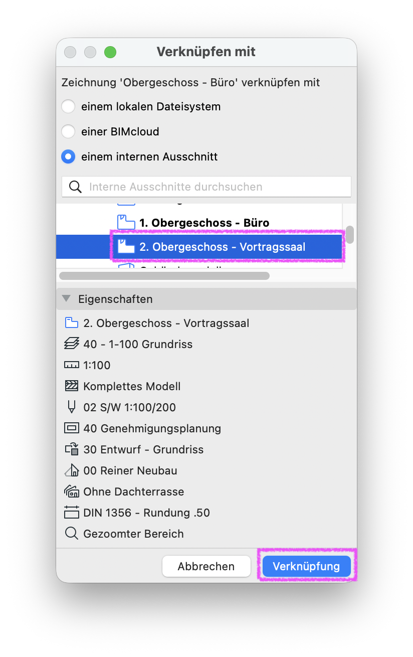 Dialogfenster Verknüpfen mit, in dem die bestehende Layout‑Zeichnung Obergeschoss – Büro mit einem internen Ausschnitt verknüpft werden soll; im unteren Bereich ist in der Liste der Ausschnitt‑Mappe der Ausschnitt 2. Obergeschoss – Vortragssaal ausgewählt, dessen Eigenschaften (Maßstab, Ebenenkombination, Strukturdarstellung usw.) darunter angezeigt werden, und unten rechts steht die Schaltfläche Verknüpfung bereit, um die Zeichnung auf dem Layout auf diesen Ausschnitt umzustellen.