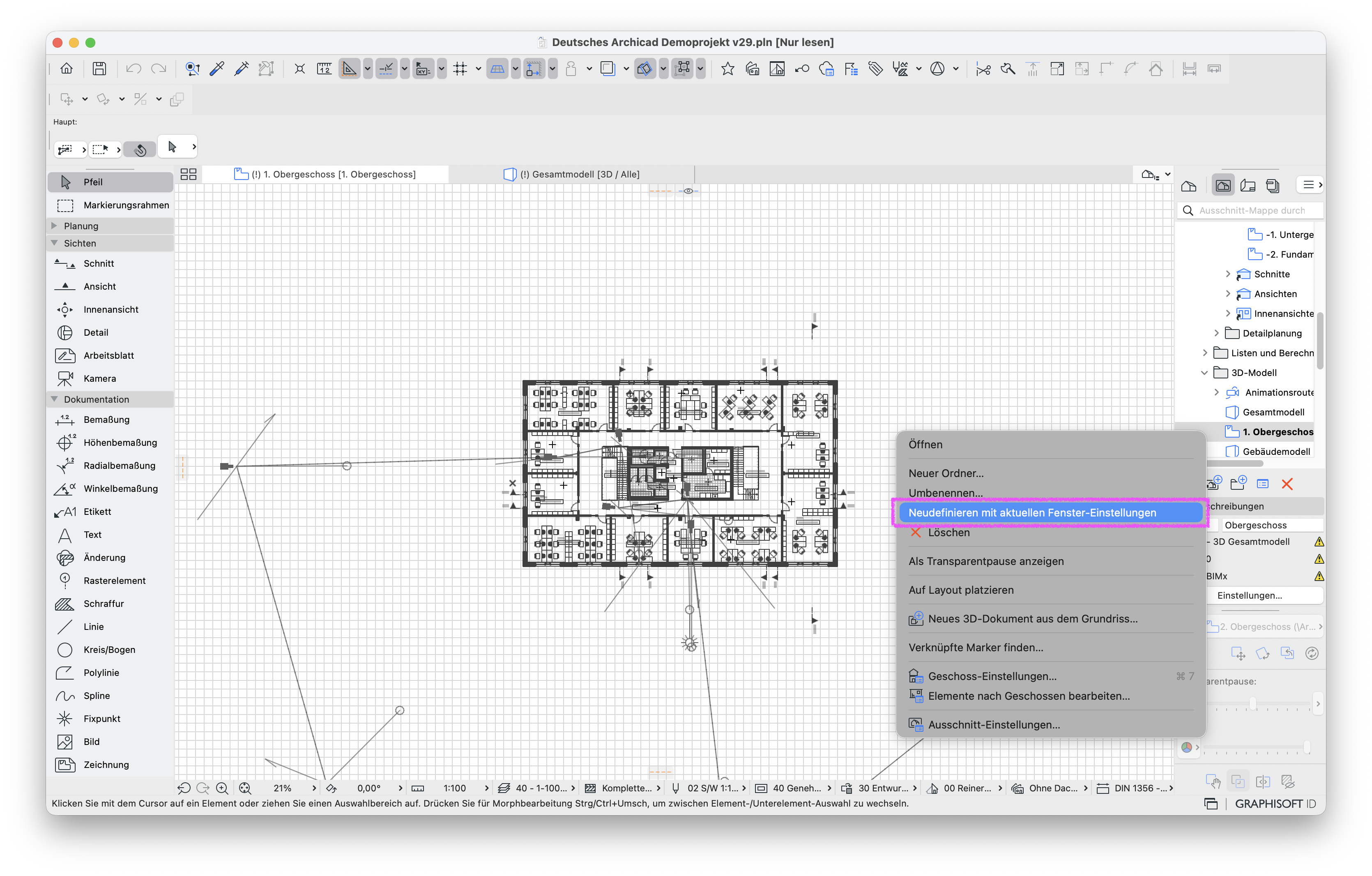 Programmfenster mit stark herausgezoomtem Grundriss des 1. Obergeschosses; rechts im Navigator ist in der Ausschnitt‑Mappe der Ausschnitt 1. Obergeschoss markiert, und ein geöffnetes Kontextmenü zeigt den hervorgehobenen Befehl Neudefinieren mit aktuellen Fenster‑Einstellungen, mit dem die gespeicherten Ausschnitt‑Einstellungen an den aktuell eingestellten Maßstab und die aktuelle Darstellung angepasst werden.