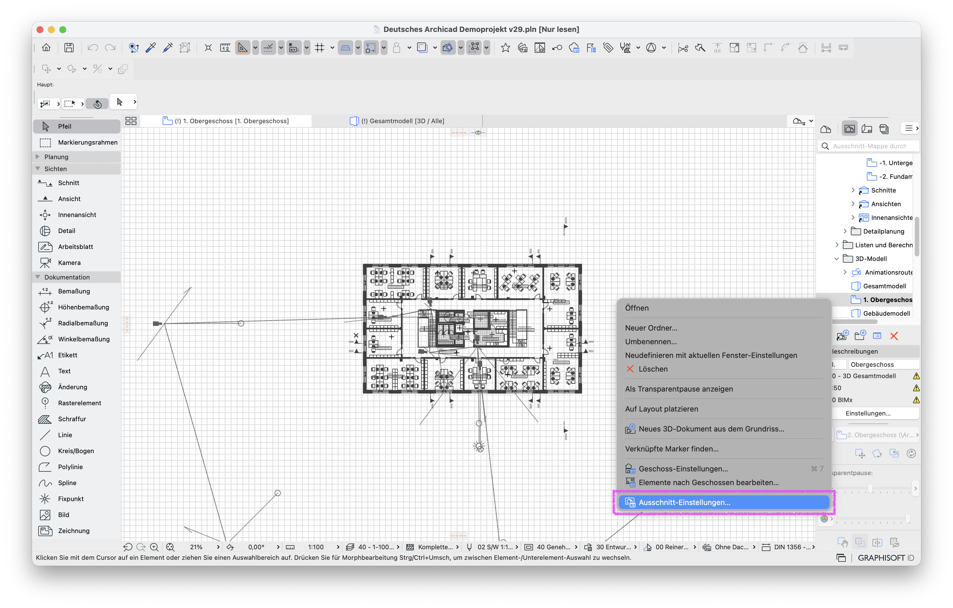 Programmfenster mit stark herausgezoomtem Grundriss des 1. Obergeschosses; rechts im Navigator ist in der Ausschnitt‑Mappe der Ausschnitt 1. Obergeschoss markiert, und ein geöffnetes Kontextmenü zeigt unten den hervorgehobenen Befehl Ausschnitt‑Einstellungen…, über den der zugehörige Dialog Ausschnitt‑Einstellungen zur detaillierten Anpassung von Maßstab, Ebenenkombination, grafischer Überschreibung und weiteren Parametern geöffnet werden kann.