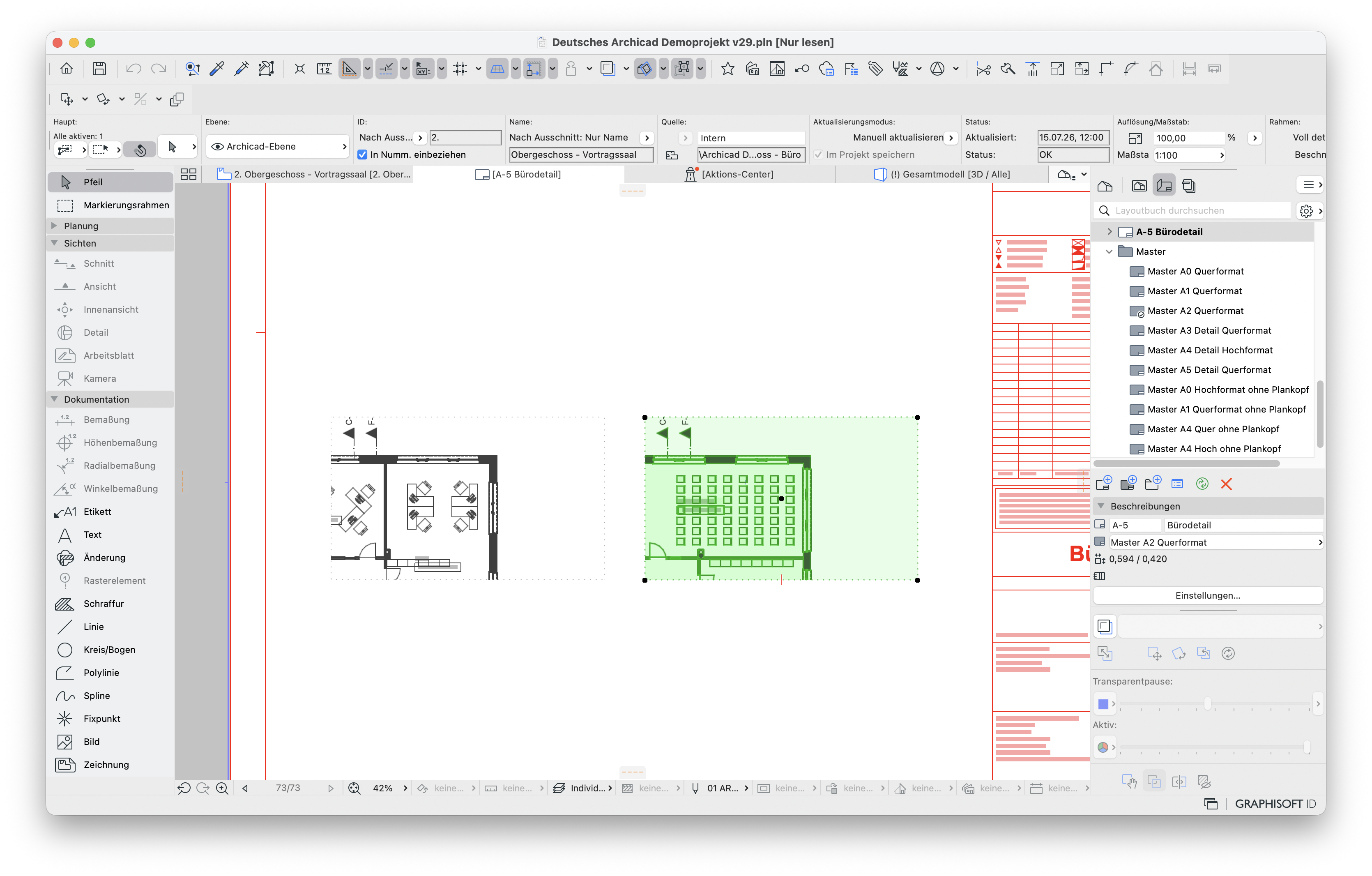 Layout‑Fenster mit zwei Grundriss‑Zeichnungen, bei dem die rechte, grün hinterlegte Zeichnung nun den Ausschnitt 2. Obergeschoss – Vortragssaal zeigt; oben in der Zeichnungs‑Infoleiste ist unter Name der Ausschnittname Obergeschoss – Vortragssaal eingetragen, die Quelle steht auf Intern und die Zeichnung ist damit erfolgreich auf den neuen internen Ausschnitt umverknüpft.