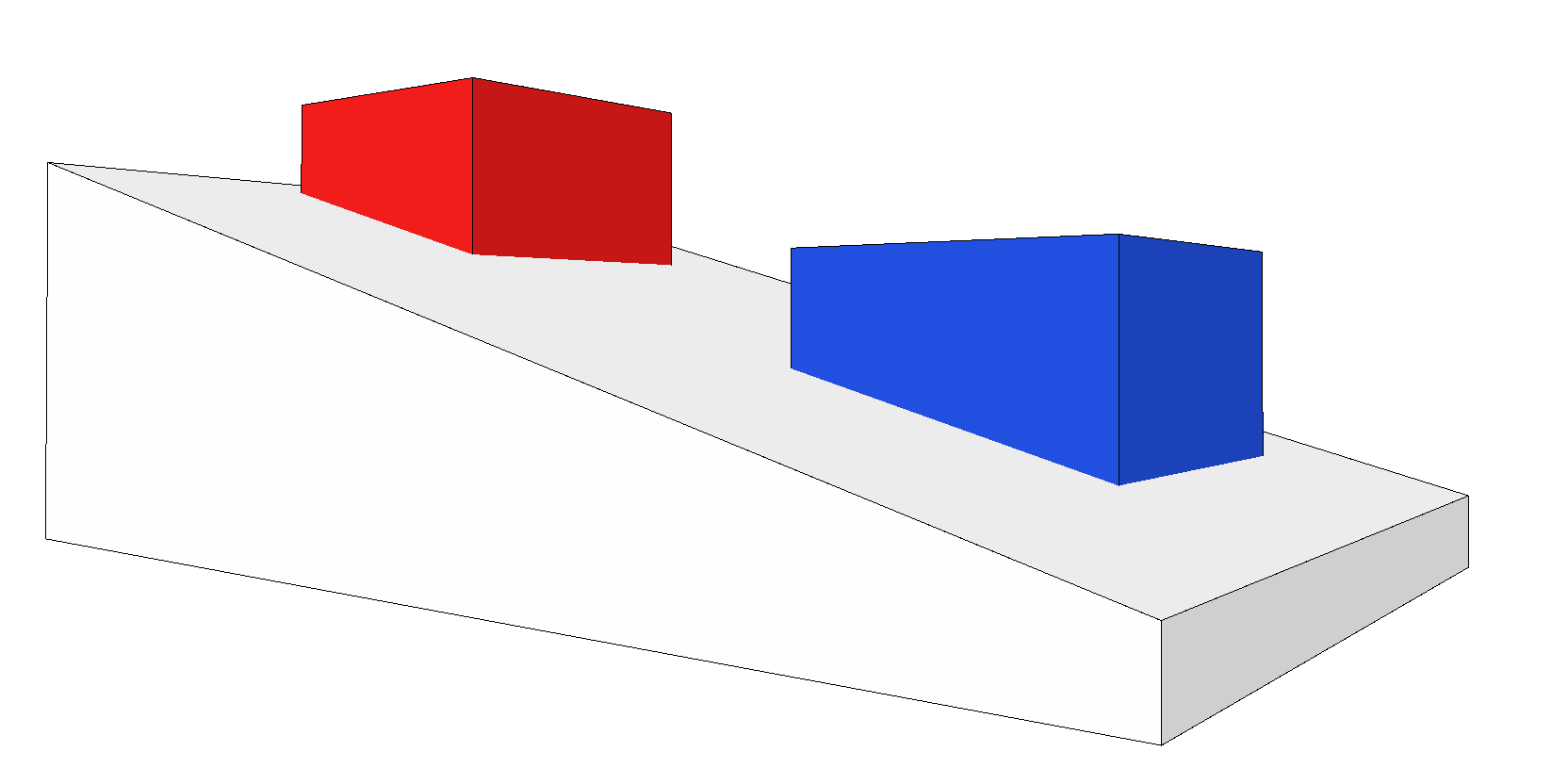 Illustration 3D montrant une plateforme inclinée gris clair avec un bloc rouge en haut de la pente et un bloc bleu plus bas, utilisée pour expliquer la position de volumes sur un plan incliné dans un tutoriel Archicad/Graphisoft.