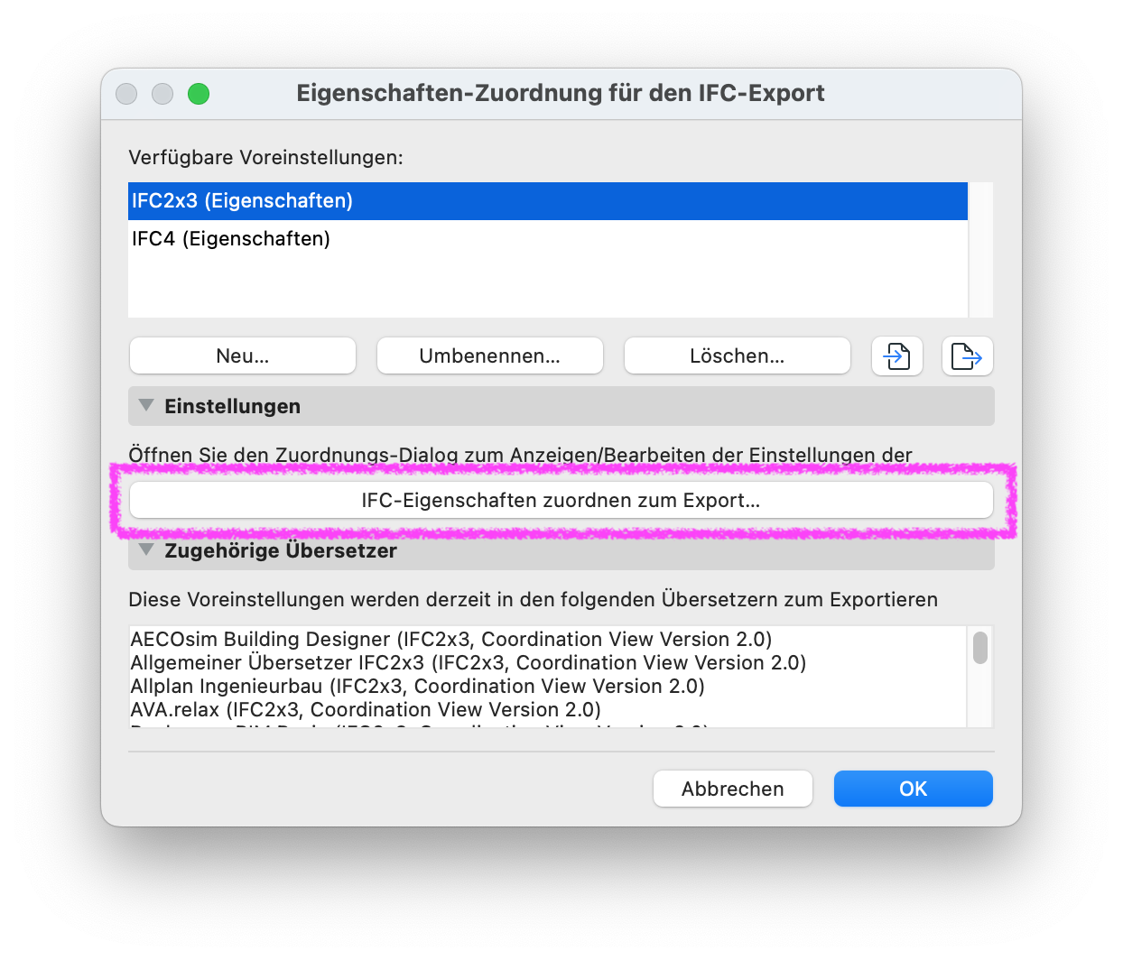 Dialogfenster **Eigenschaften-Zuordnung für den IFC-Export**. Hervorgehoben ist die Schaltfläche **IFC-Eigenschaften zuordnen zum Export…**, mit der der Dialog zur Bearbeitung der exportierten IFC-Eigenschaftenzuordnungen geöffnet wird.
