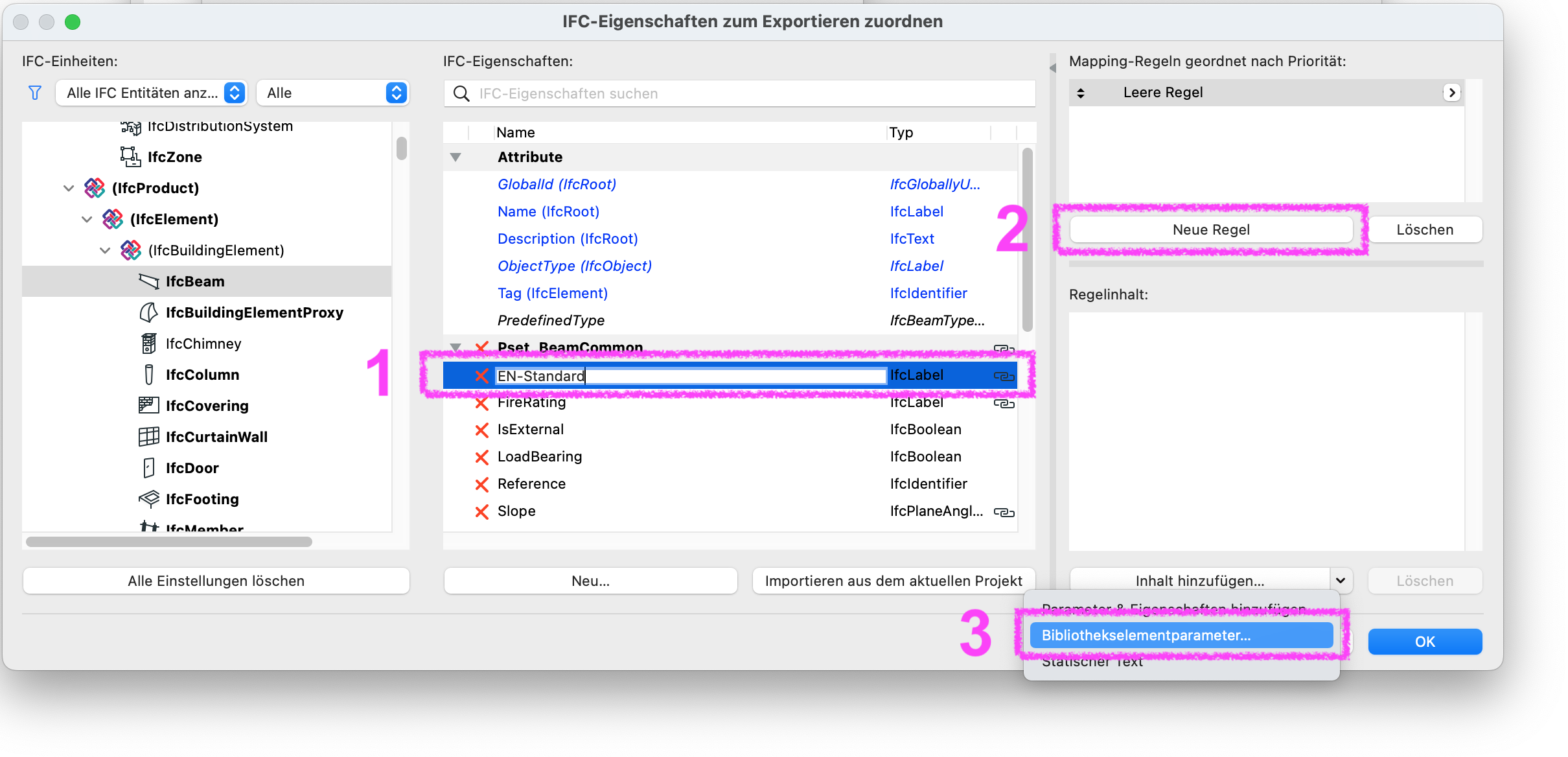 Dialogfenster **IFC-Eigenschaften zum Exportieren zuordnen**. Hervorgehoben sind die neu angelegte IFC-Eigenschaft **EN-Standard**, die Schaltfläche **Neue Regel** zum Erstellen einer Mapping-Regel sowie die Option **Bibliothekselementparameter…** unter **Inhalt hinzufügen…**, um einen Bibliothekselementparameter als Wert für die IFC-Eigenschaft zuzuordnen.