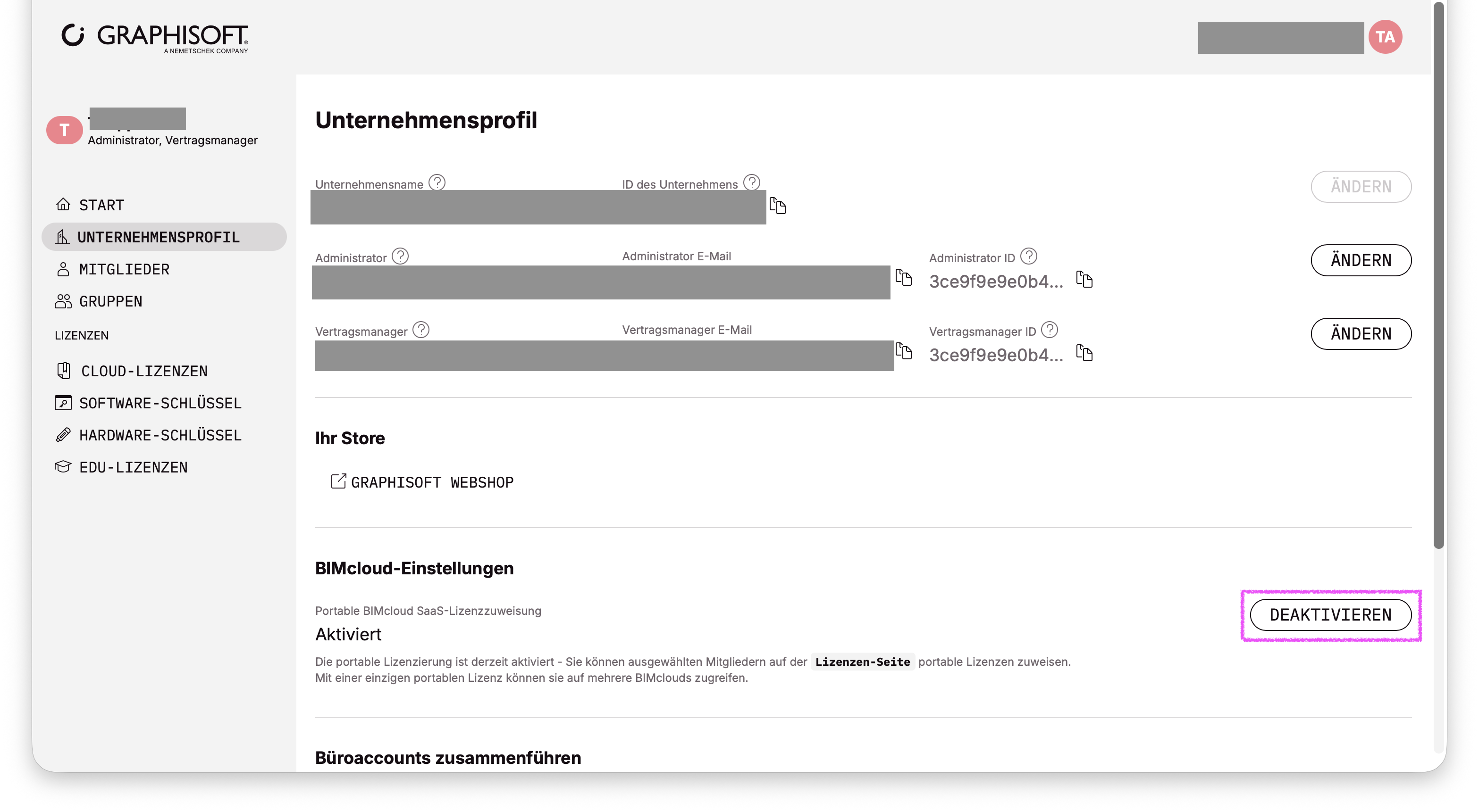 Aktivierte Portable BIMcloud SaaS-Lizenzierung über "Deaktivieren" Schaltfläche deaktiveren.