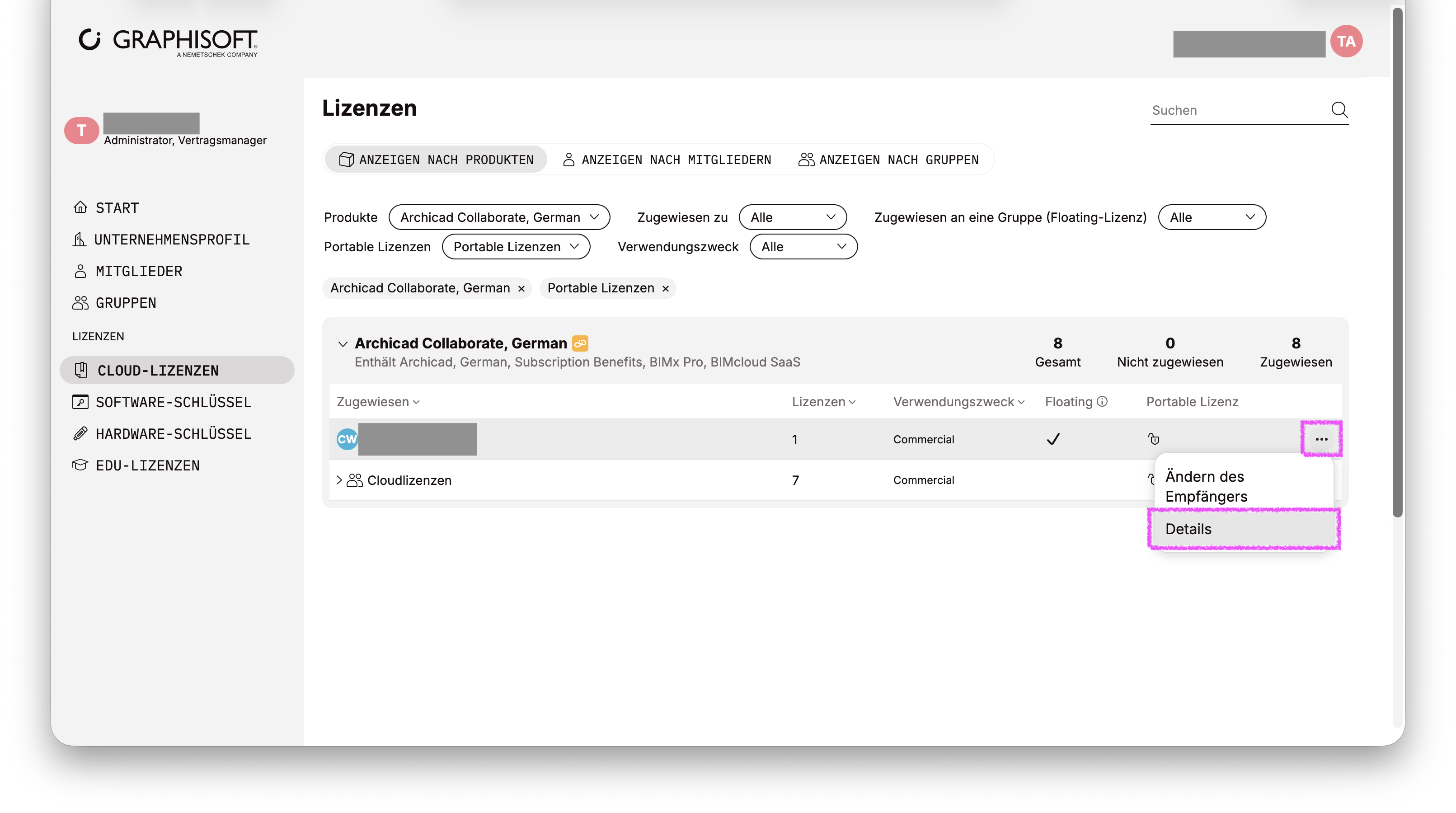 Dialog „Lizenzen“ im Graphisoft‑Unternehmensportal, gefiltert auf portable Archicad‑Cloudlizenz, mit einem offenen Schloss‑Symbol in der Spalte Portable Lizenz und geöffnetem Dreipunkt‑Menü der Lizenzzeile mit den Einträgen Ändern des Empfängers und Details.