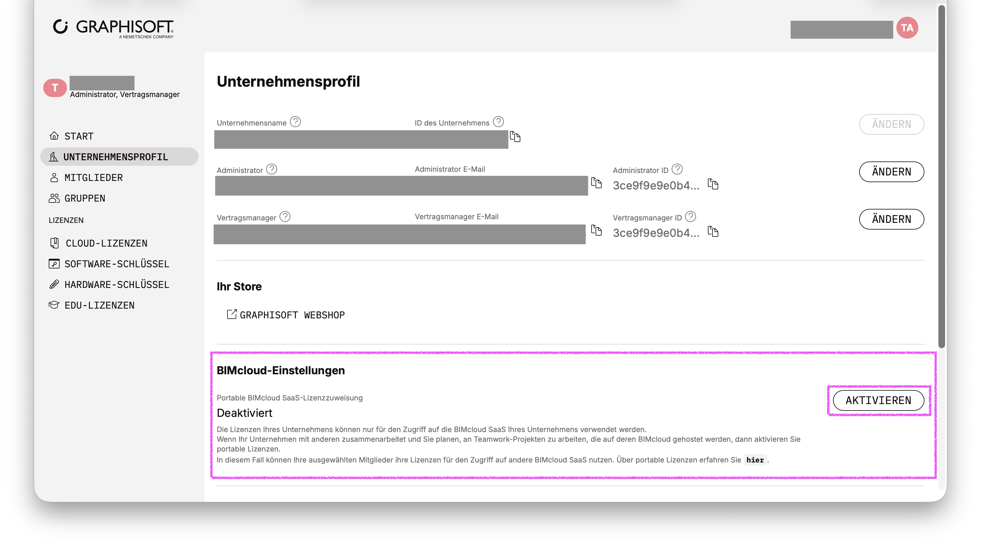 Graphisoft ID Unternehmensprofil mit BIMcloud-Einstellungen > Porable BIMcloud SaaS-Lizenzuweisung "Deaktiviert".
