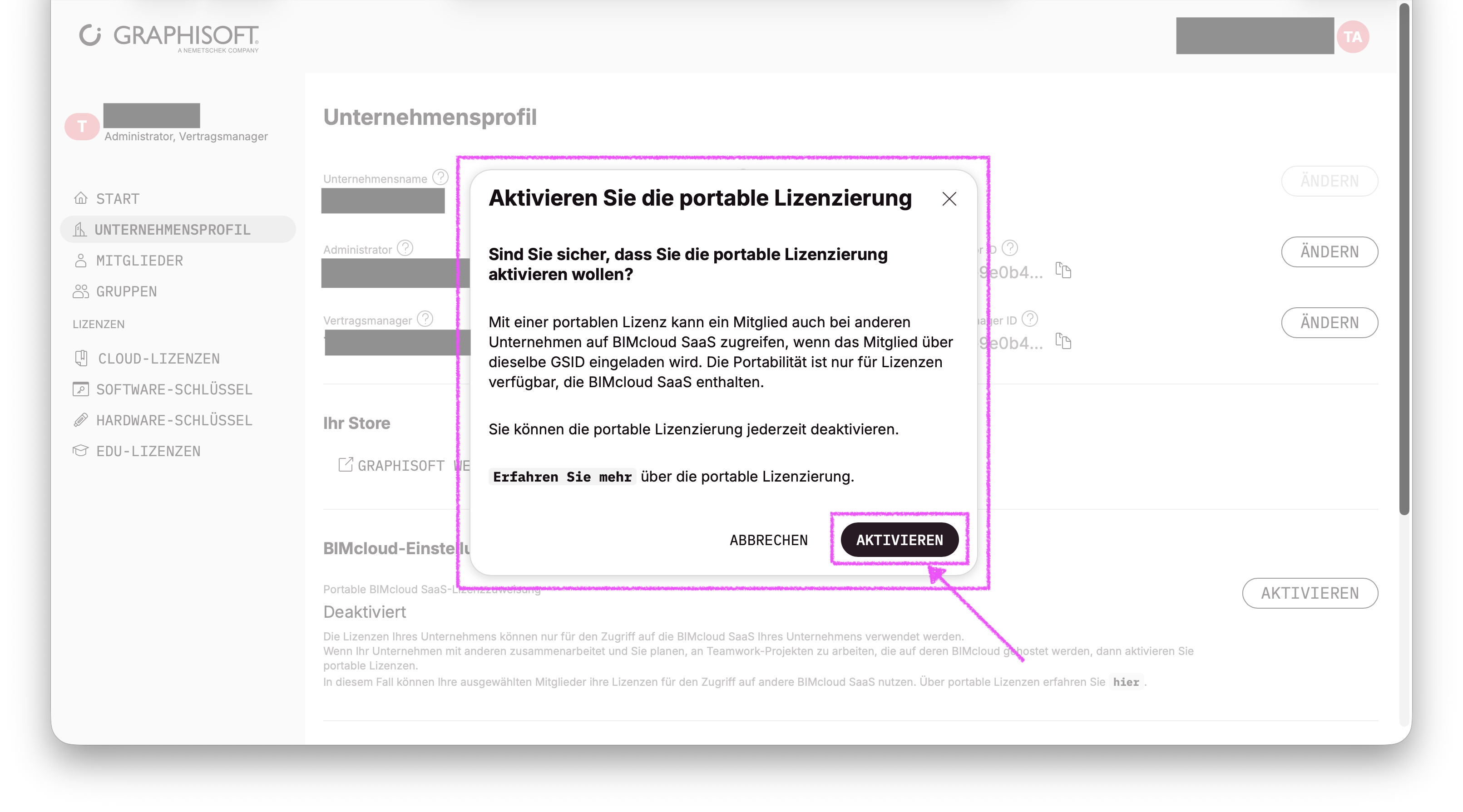 Portable Lizenzierung über "Aktivieren" anschalten.