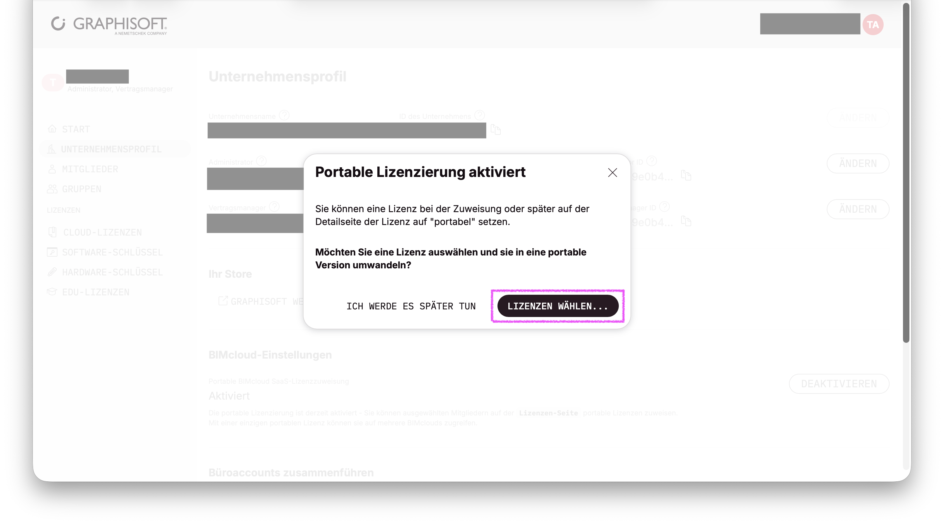 Dialogfenster Portable Lizenzierung aktiviert im Graphisoft‑Unternehmensportal mit den Schaltflächen "Lizenz wählen..." hervorgehoben.