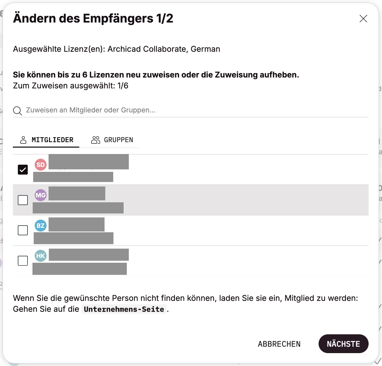 Dialogfenster „Ändern des Empfängers 1/2“ im Graphisoft‑Unternehmensportal zur Zuweisung einer Archicad‑Cloudlizenz an ein Mitglied, mit einer Liste von Mitgliedern und der Schaltfläche „Nächste“ unten rechts.