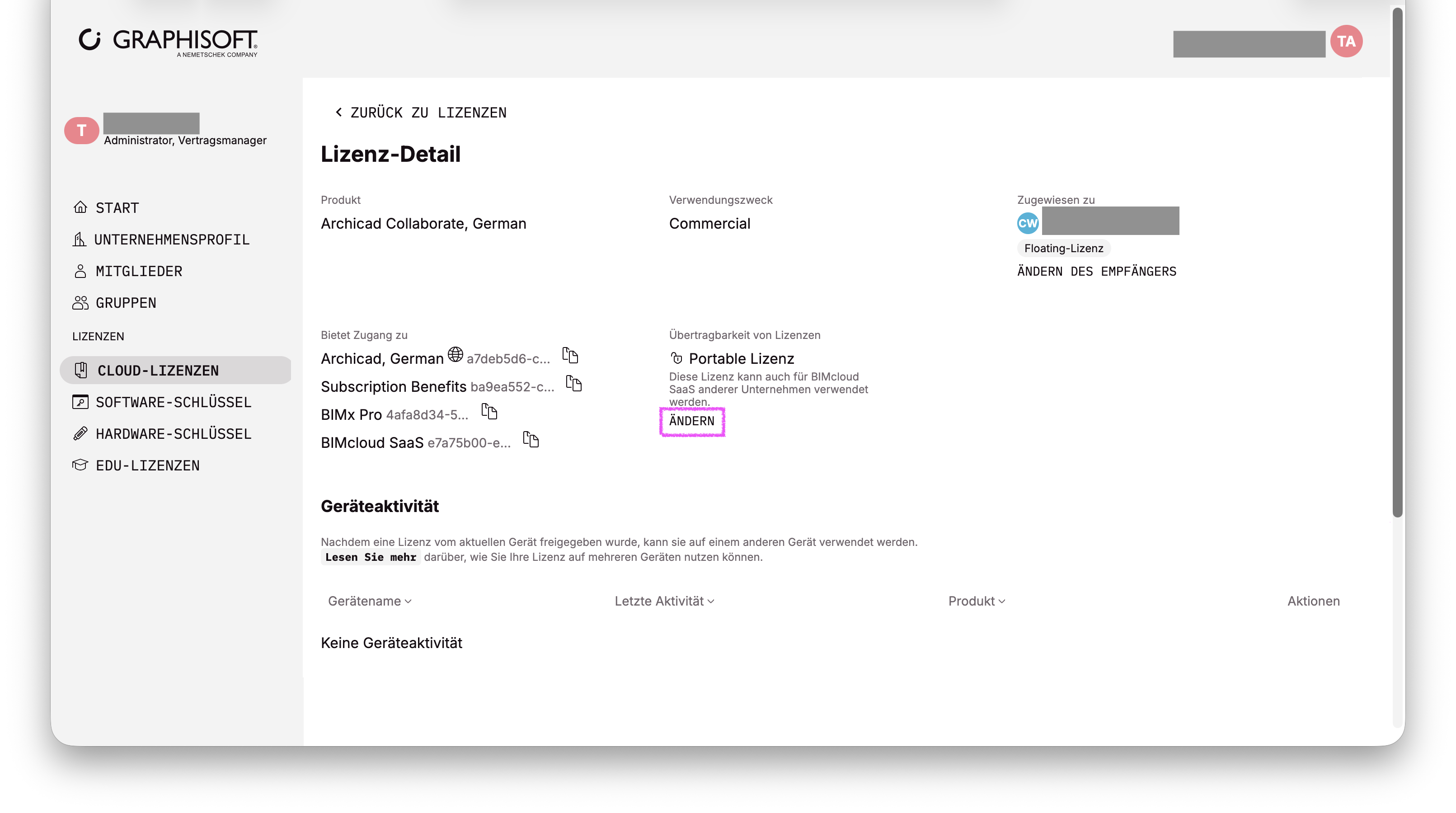 Lizenzdetailseite einer Archicad Collaborate, German‑Cloudlizenz im Graphisoft‑Unternehmensportal mit der Einstellung „Portable Lizenz“ unter Übertragbarkeit von Lizenzen und der Schaltfläche „Ändern“ zum Umschalten zwischen portabler und Home‑Unternehmenslizenz.