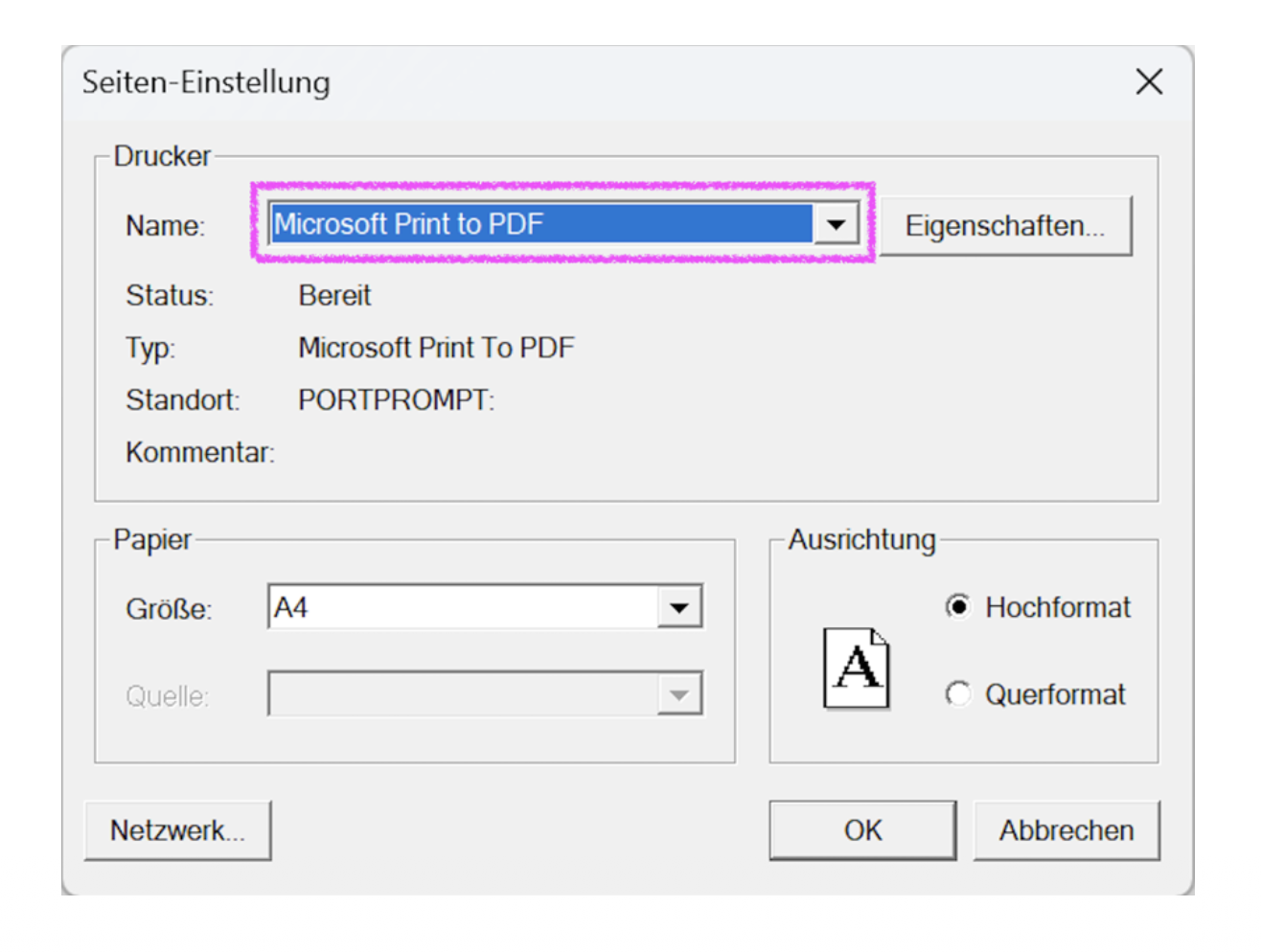 Dialogfenster **Seiten-Einstellung** unter Windows. Hervorgehoben ist im Bereich **Drucker** der Drucker **Microsoft Print to PDF**, mit dem die Zeichnung als PDF-Datei ausgegeben werden kann.