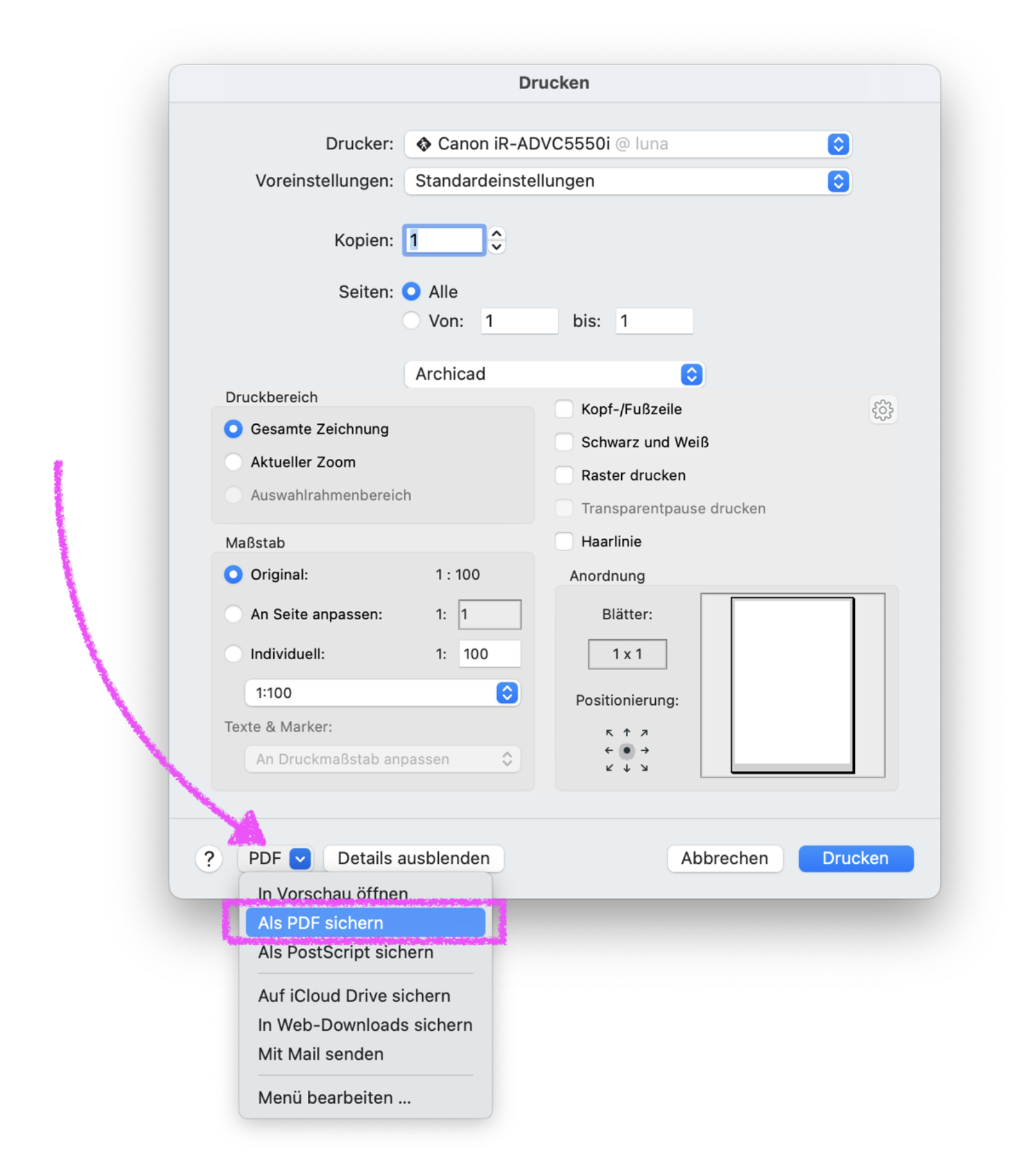 Dialogfenster **Drucken** unter macOS. Hervorgehoben ist die Option **PDF → Als PDF sichern**, mit der die Zeichnung über den macOS-Druckdialog als PDF-Datei gespeichert werden kann.