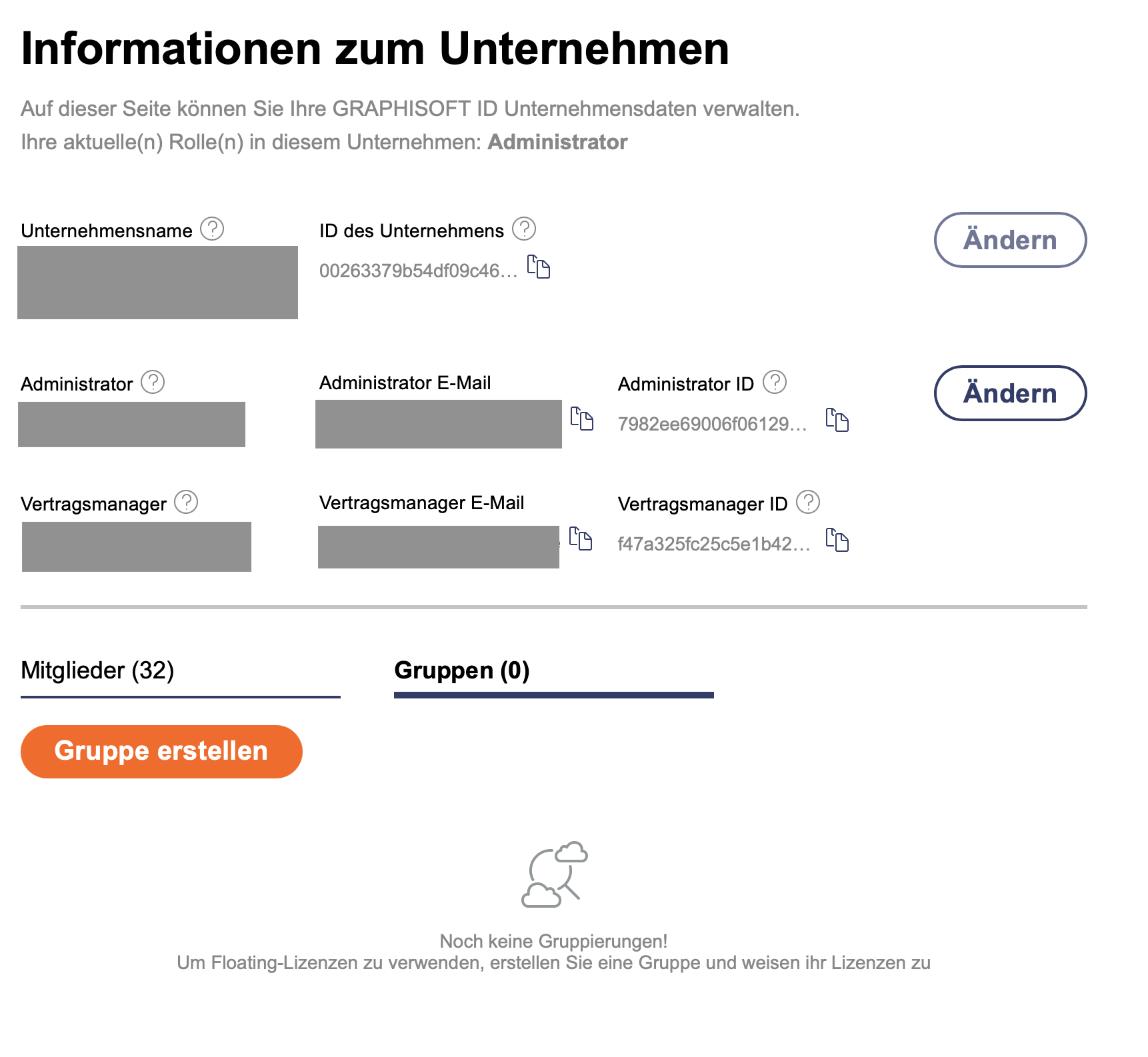 Informationen zum Graphisoft ID Unternehmen geöffnet mit der Auswahl "Gruppen" und der Funktion "Gruppe erstellen" sichtbar.