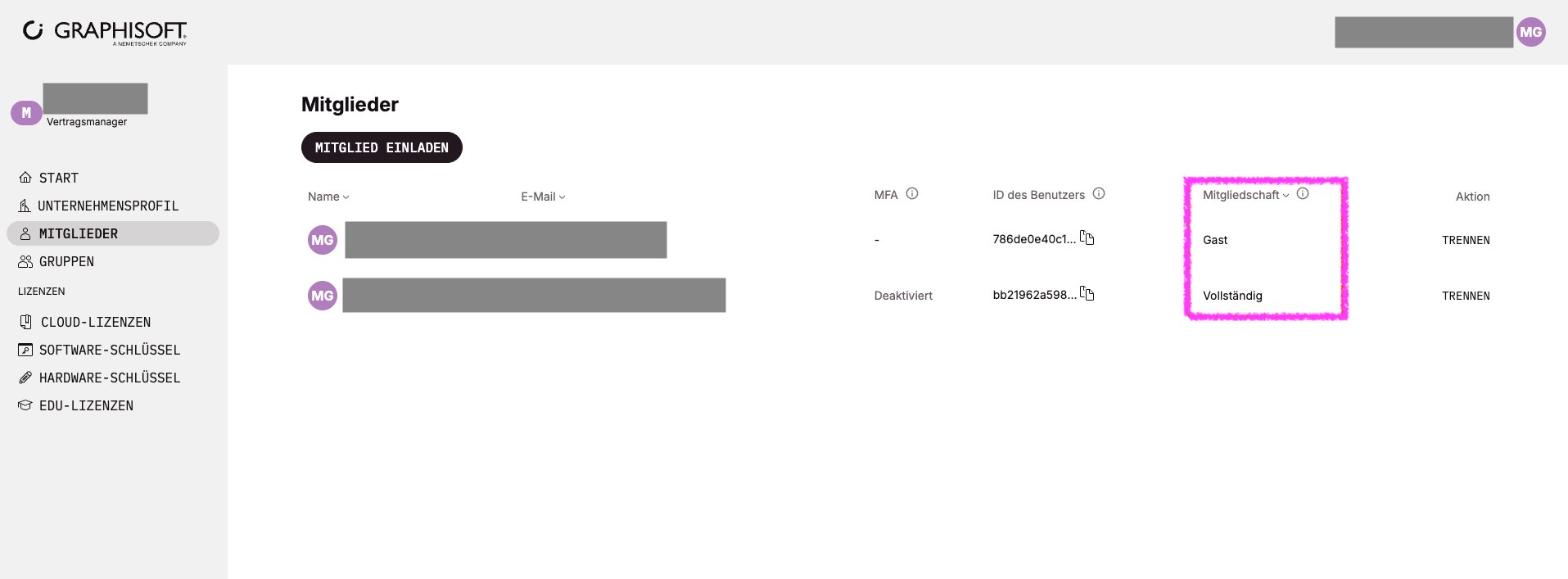 Der Mitgliedsstatus ist unter Mitglieder für die entsprechende Graphisoft ID prüfbar.