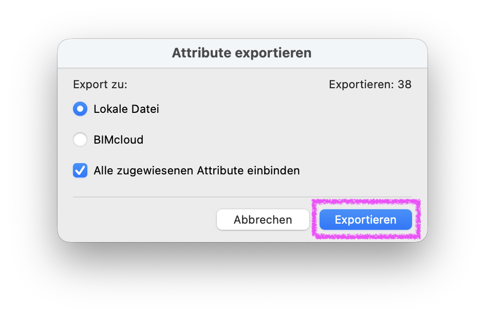Im Attribute exportieren Dialogfenster die Einstellungen festlegen und mit "Exportieren" bestätigen.