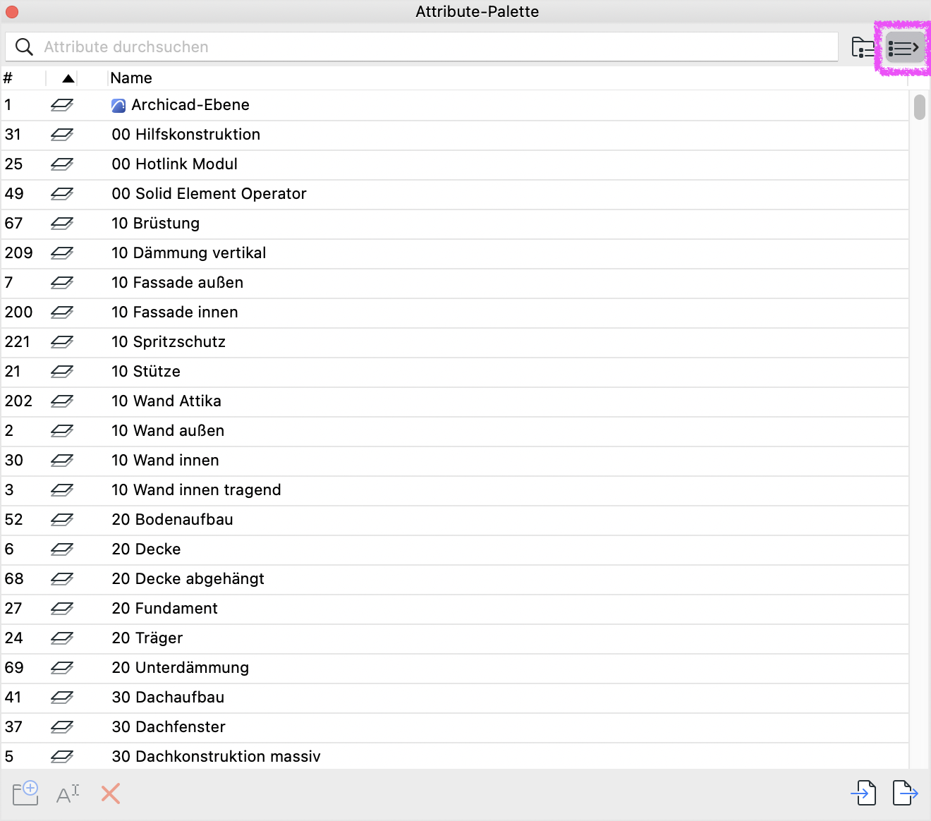 Geöffnete Attribute-Palette mit Listenansicht aller Attribute.