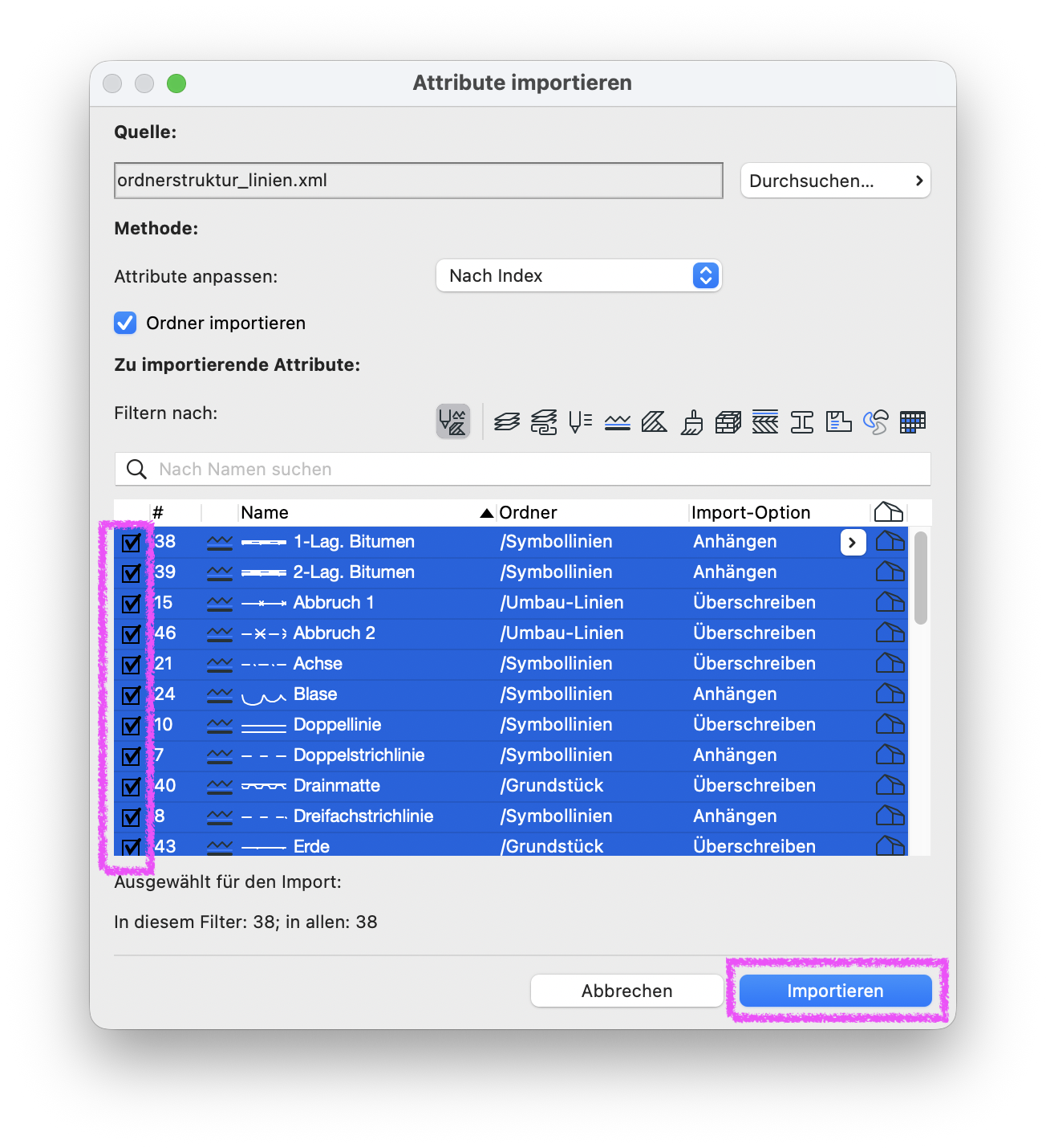 Dialog Attribute importieren mit geladener Datei ordnerstruktur_linien.xml, alle Linienattribute sind im Tabellenbereich ausgewählt und unten rechts ist die Schaltfläche Importieren zum Starten des Attributimports hervorgehoben.