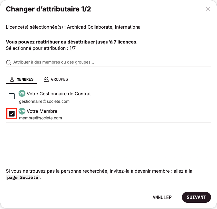 Fenêtre Graphisoft Changer d’attributaire montrant sélection du membre Votre Membre pour réattribuer une licence Archicad Collaborate.