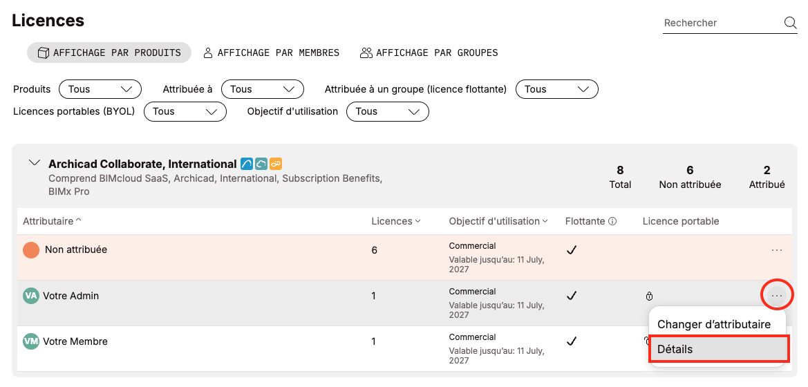 Page Graphisoft Licences avec menu de ligne Archicad Collaborate ouvert sur l’option Détails pour une licence 