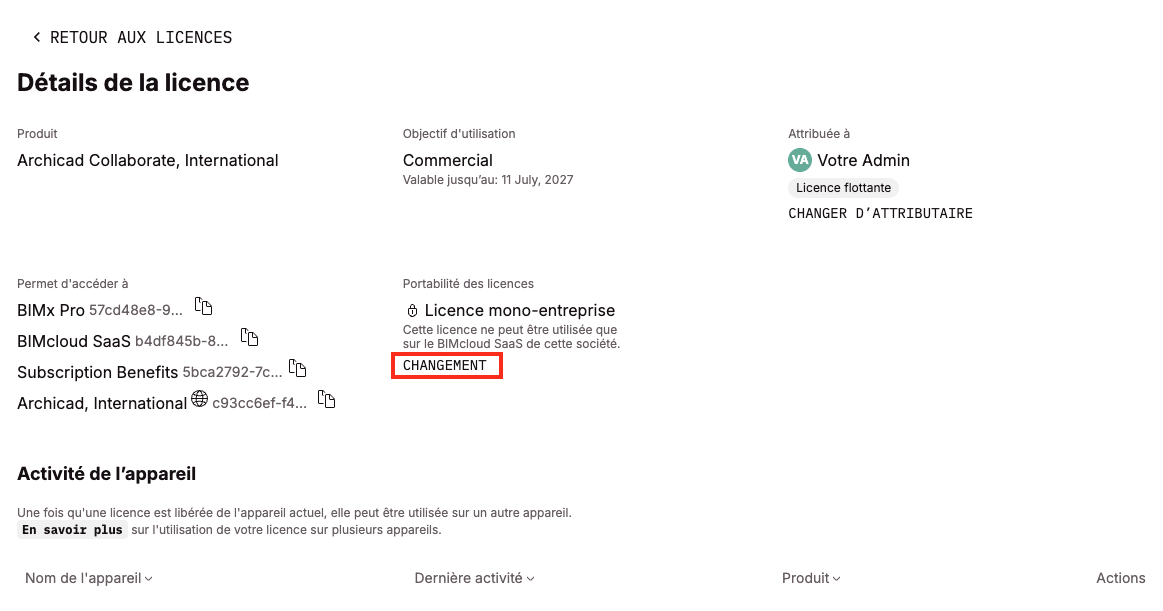 Page Détails de la licence Archicad Collaborate indiquant licence mono‑entreprise attribuée à Votre Admin avec bouton Changement pour Licences portables.