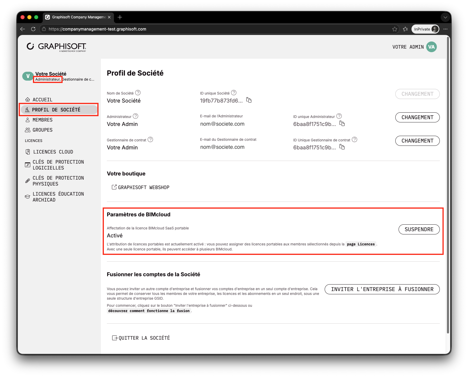 Capture d’écran de l’interface profil de société Graphisoft avec menu latéral, paramètres BIMcloud actifs et bouton Suspendre. Licences portables.
