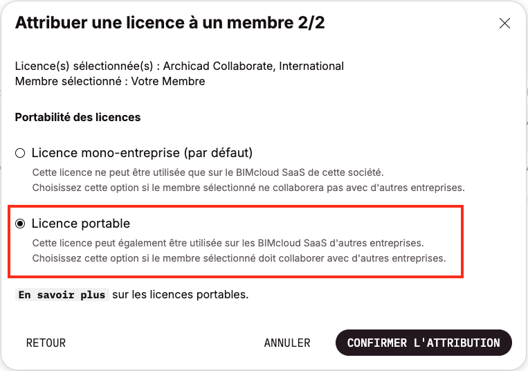 Fenêtre Graphisoft Attribuer une licence montrant option Licence portable sélectionnée pour un membre Archicad Collaborate.