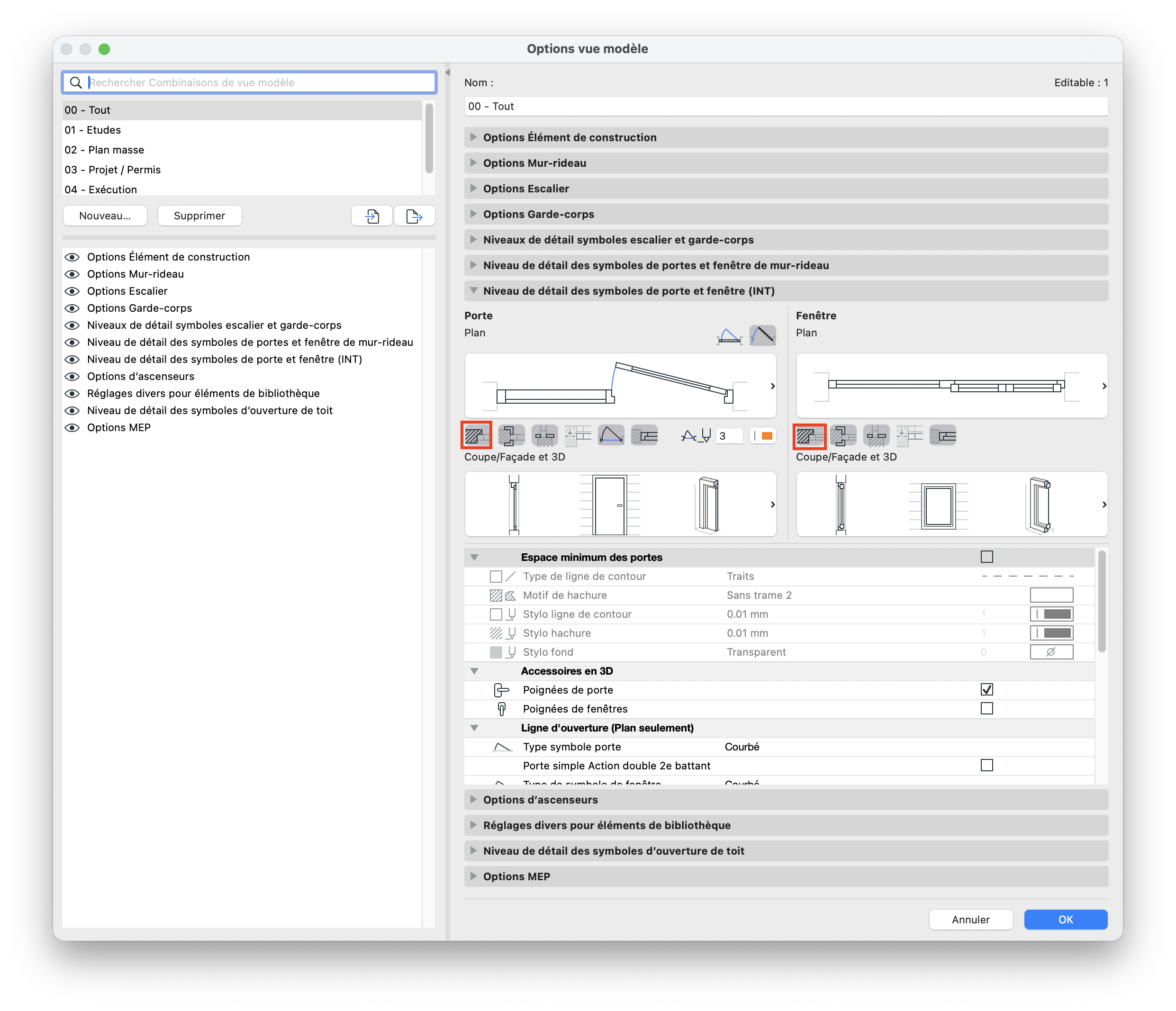 Capture d’écran de la boîte de dialogue « Options vue modèle » dans Archicad, montrant la liste des combinaisons de vue à gauche et, à droite, les paramètres détaillés des portes et fenêtres, avec icônes de représentation 2D/3D et options d’accessoires (poignées, type de symbole porte, styles de ligne et hachures).