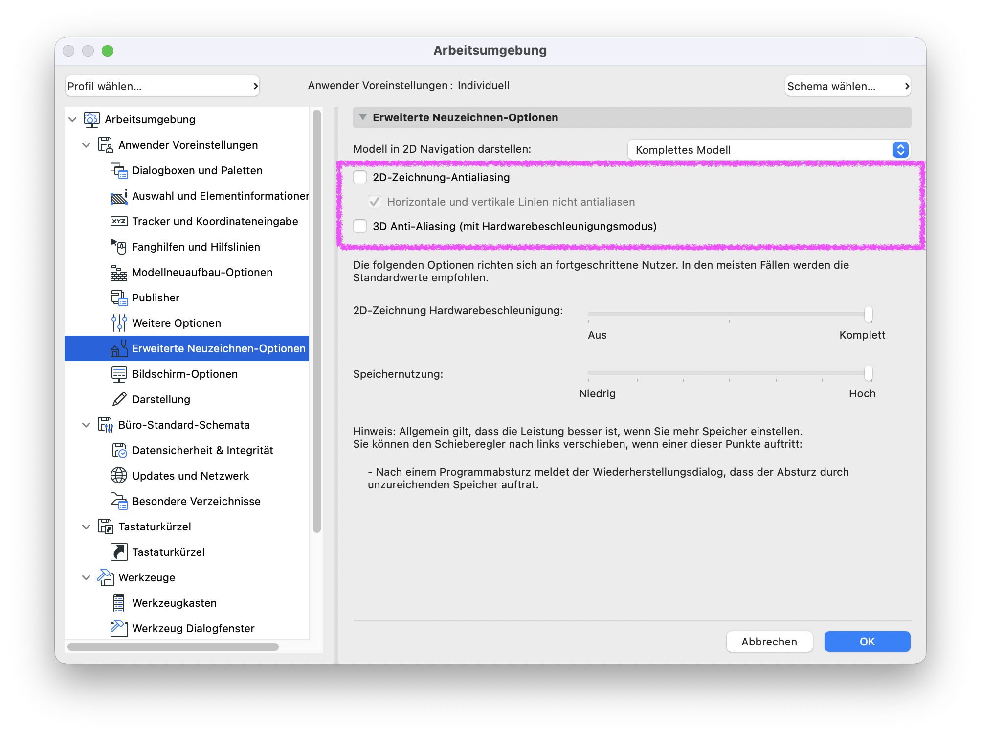 Dialogfenster **Arbeitsumgebung** im Bereich **Erweiterte Neuzeichnen-Optionen**. Hervorgehoben sind die Optionen **2D-Zeichnung-Antialiasing** und **3D Anti-Aliasing (mit Hardwarebeschleunigungsmodus)**, mit denen die Kantenglättung für die 2D- und 3D-Darstellung aktiviert oder deaktiviert werden kann.