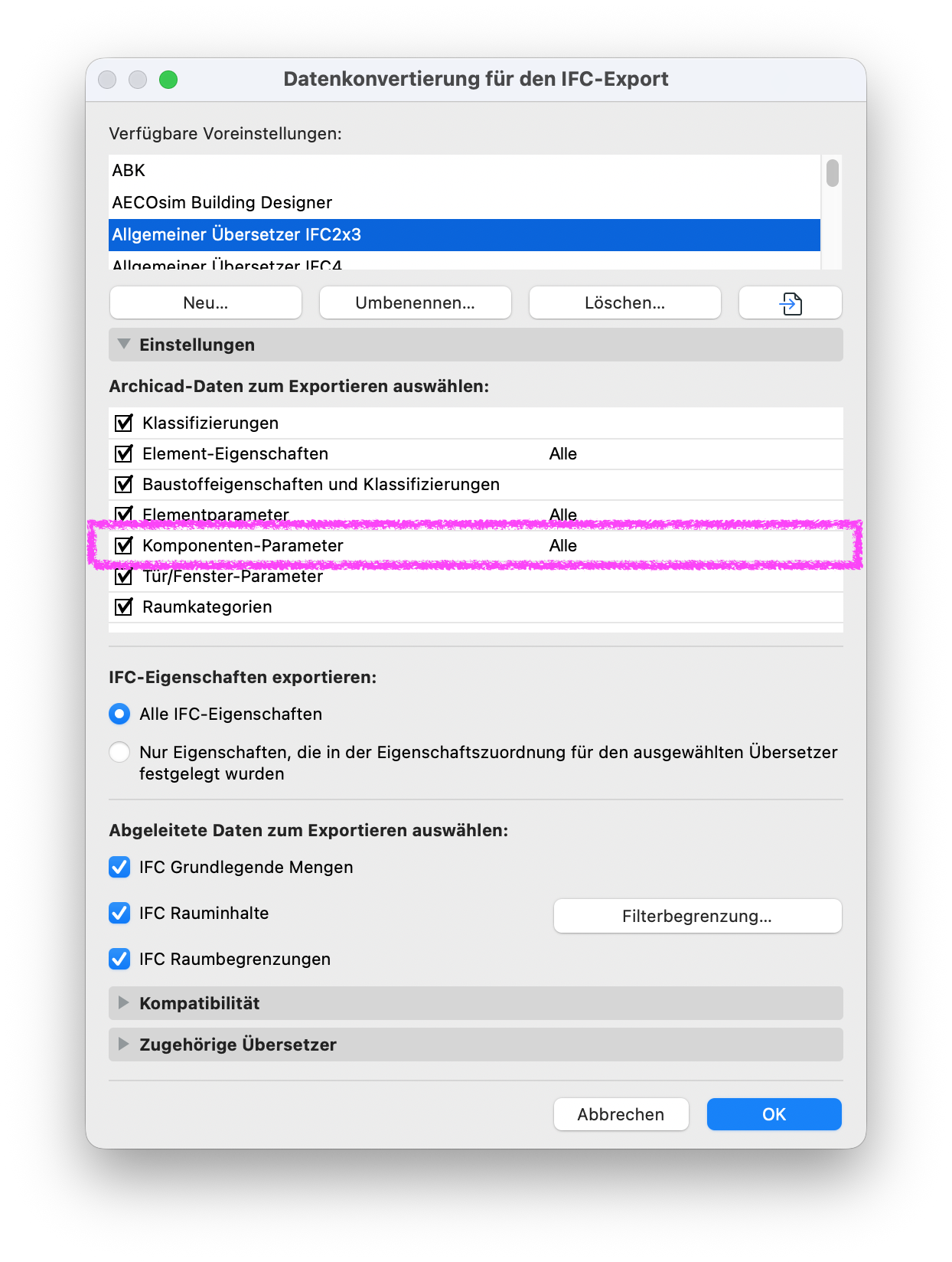 Dialogfenster Datenkonvertierung für den IFC-Export. Hervorgehoben ist die Option Komponenten-Parameter, mit der festgelegt wird, ob und welche Komponenten-Parameter beim IFC-Export übertragen werden.
