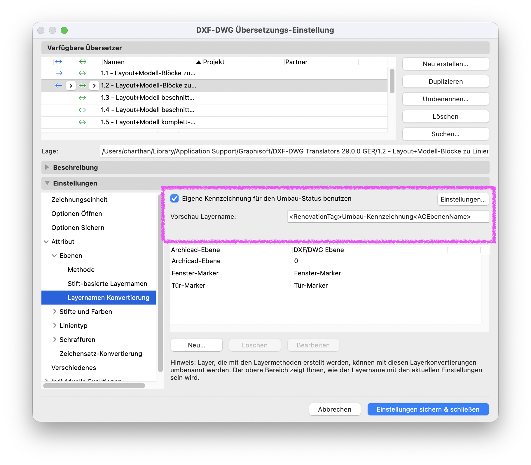 Dialogfenster **DXF-DWG Übersetzungs-Einstellung** im Bereich **Attribut → Ebenen → Layernamen Konvertierung**. Hervorgehoben ist die Option **Eigene Kennzeichnung für den Umbau-Status benutzen**, mit der eine individuelle Kennzeichnung für den Umbau-Status in exportierten DXF-/DWG-Layernamen definiert werden kann.