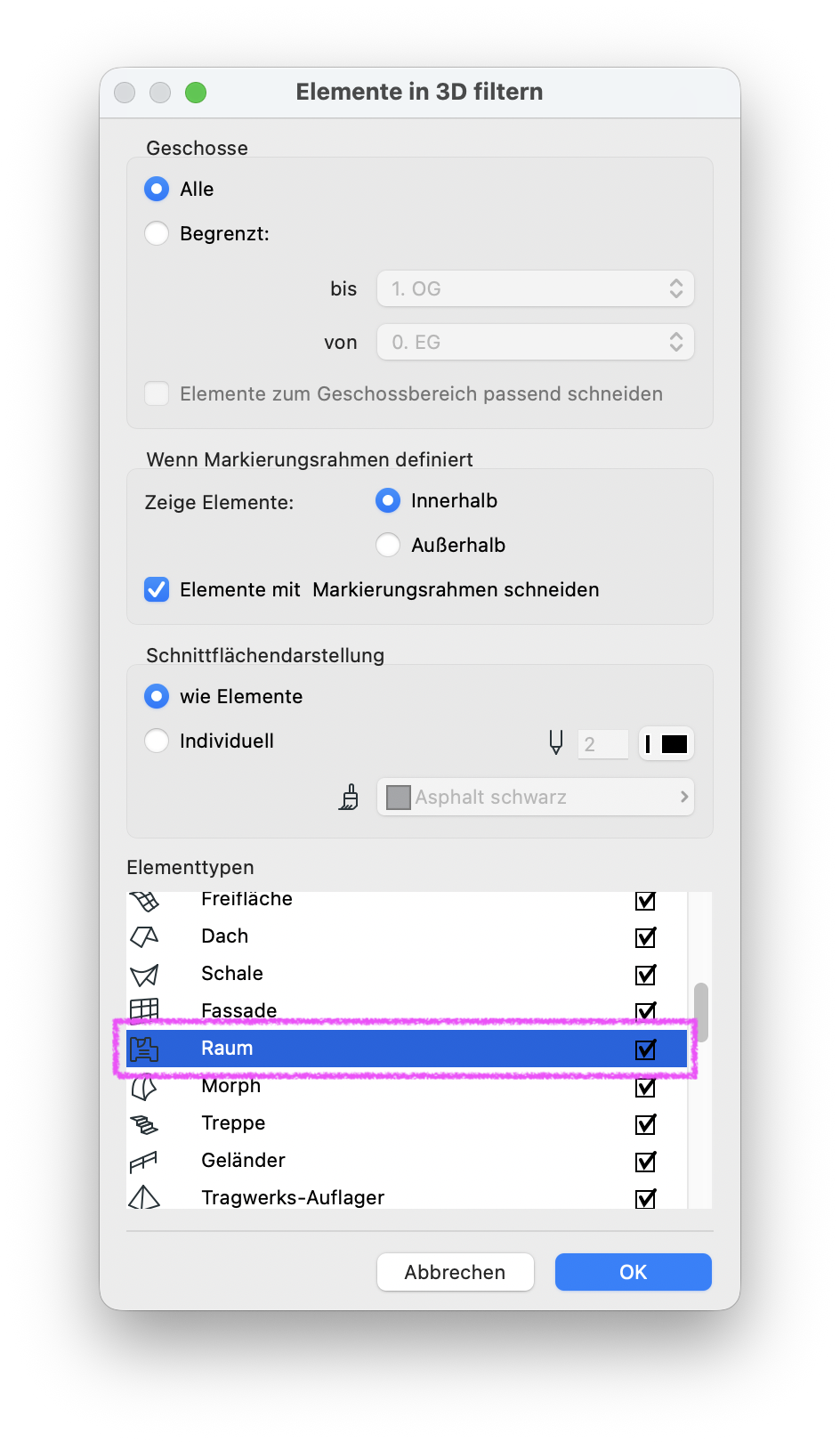 Dialog Elemente in 3D filtern und schneiden mit aktivierten Geschossen Alle und Anzeige Innerhalb des Markierungsrahmens, in der Liste der Elementtypen ist der Typ Raum ausgewählt und sein Sichtbarkeitskästchen ist aktiviert, sodass Räume im 3D‑Fenster angezeigt werden.