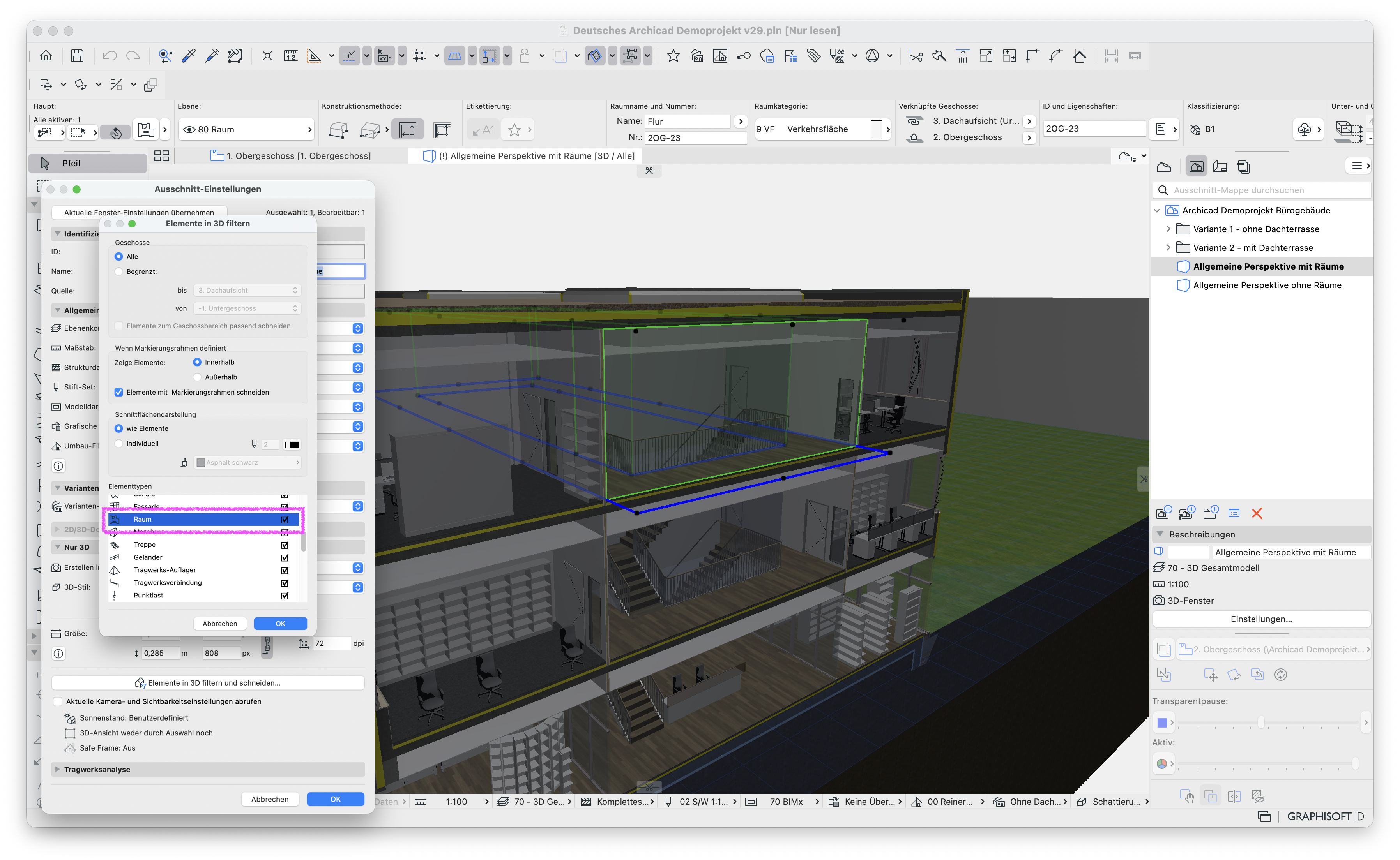 3D‑Modell eines Bürogebäudes mit geöffnetem Dialog Elemente in 3D filtern und schneiden vor den Ausschnitt‑Einstellungen, in denen der Elementtyp Raum hervorgehoben ist; im Navigator rechts sind zwei 3D‑Ausschnitte Allgemeine Perspektive mit Räume und Allgemeine Perspektive ohne Räume zu sehen, was zeigt, dass die Raum‑Sichtbarkeit pro Ausschnitt getrennt gespeichert und so unterschiedliche Darstellungen mit und ohne Räume ermöglicht werden.