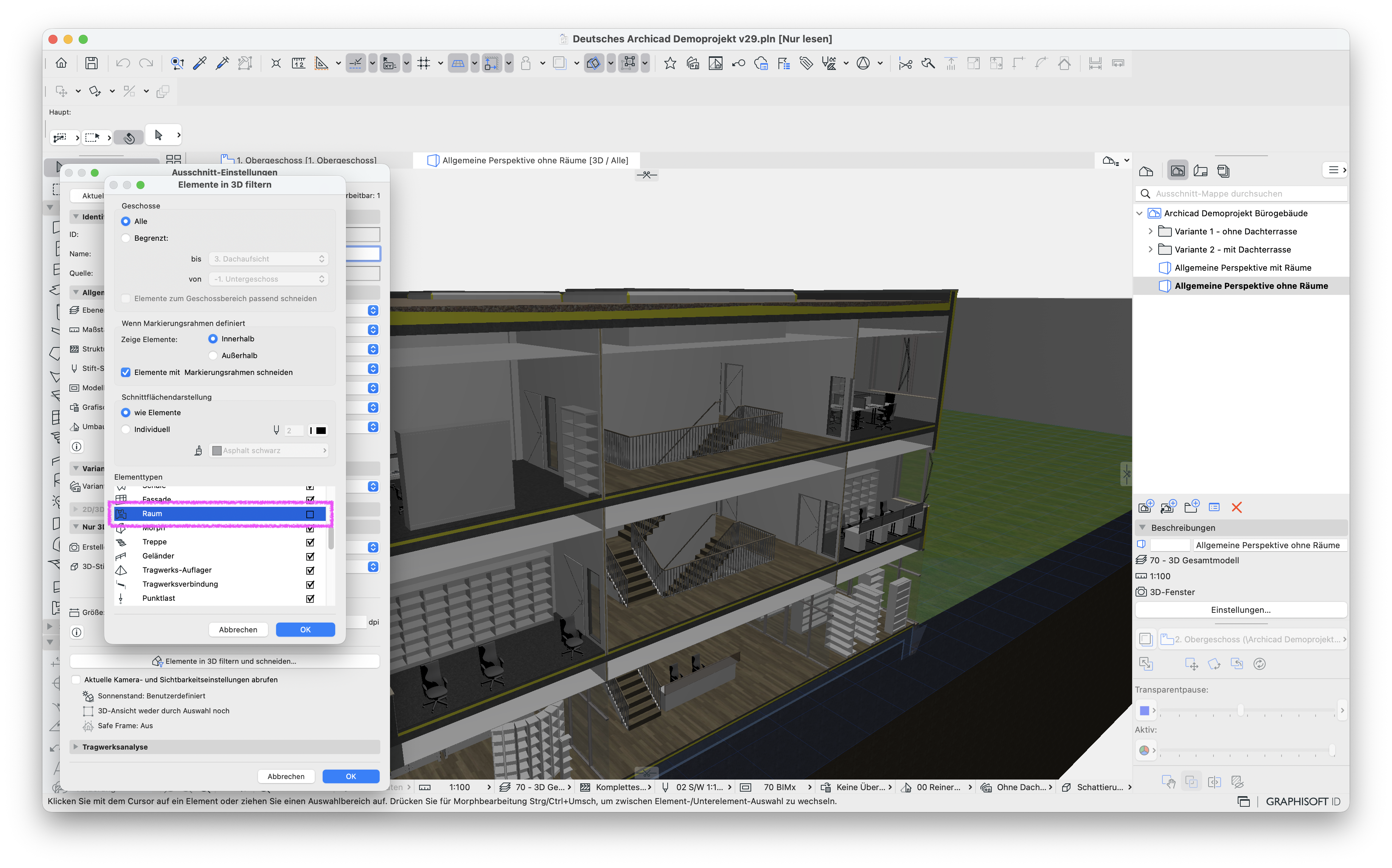 3D‑Modell eines Bürogebäudes mit geöffnetem Dialog Elemente in 3D filtern und schneiden vor den Ausschnitt‑Einstellungen, in dem der Elementtyp Raum deaktiviert ist; im Navigator rechts ist der Ausschnitt Allgemeine Perspektive ohne Räume ausgewählt, wodurch die gleiche Perspektive wie im Ausschnitt mit Räumen gezeigt wird, jedoch ohne Raumkörper, da die Raum‑Sichtbarkeit in diesem Ausschnitt abgeschaltet und separat gespeichert ist.