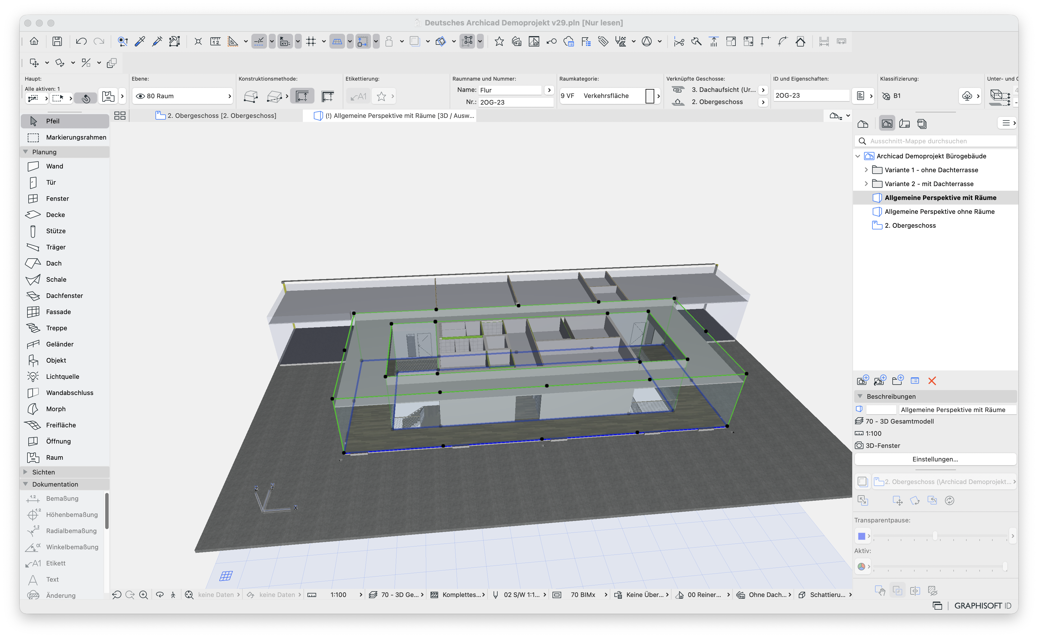 3D‑Fenster mit einer perspektivischen Ansicht des Bürogeschosses, der die zuvor ausgewählten Elemente, wie Räume, Wände und Decken, anzeigt.