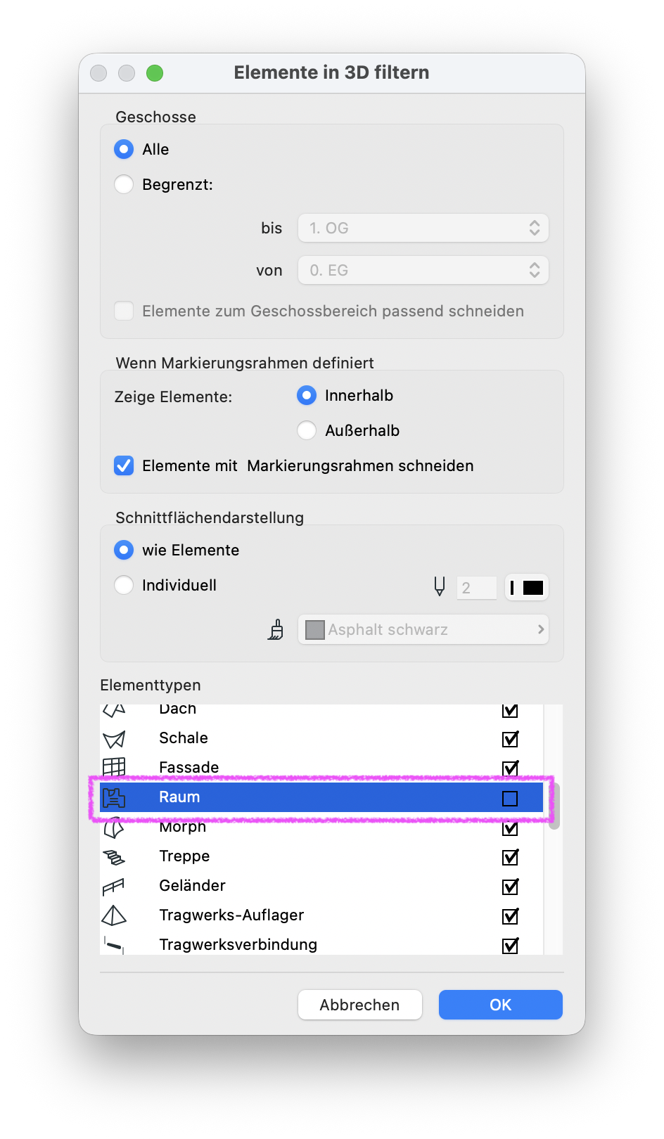 Dialog Elemente in 3D filtern und schneiden mit aktivierten Geschossen Alle und Anzeige Innerhalb des Markierungsrahmens, in der Liste der Elementtypen ist der Typ Raum ausgewählt und sein Sichtbarkeitskästchen ist nicht aktiviert, sodass Räume im 3D‑Fenster nicht angezeigt werden.