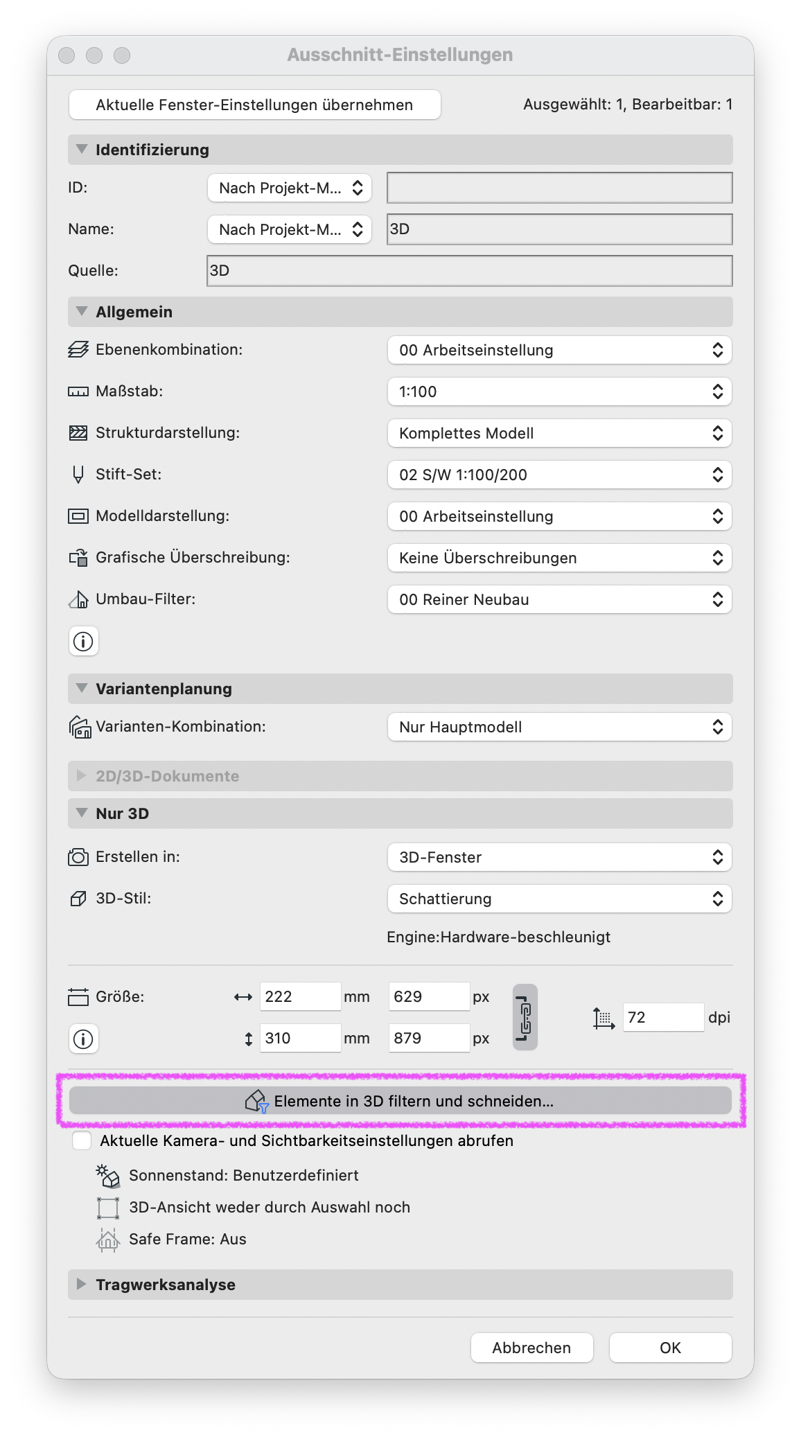 Dialog Ausschnitt‑Einstellungen für den 3D‑Ausschnitt, im Bereich Nur 3D ist die Schaltfläche Elemente in 3D filtern und schneiden... hervorgehoben, über die die Filtereinstellungen für das 3D‑Fenster direkt aus dem Ausschnitt geöffnet und dauerhaft im Ausschnitt gespeichert werden können.