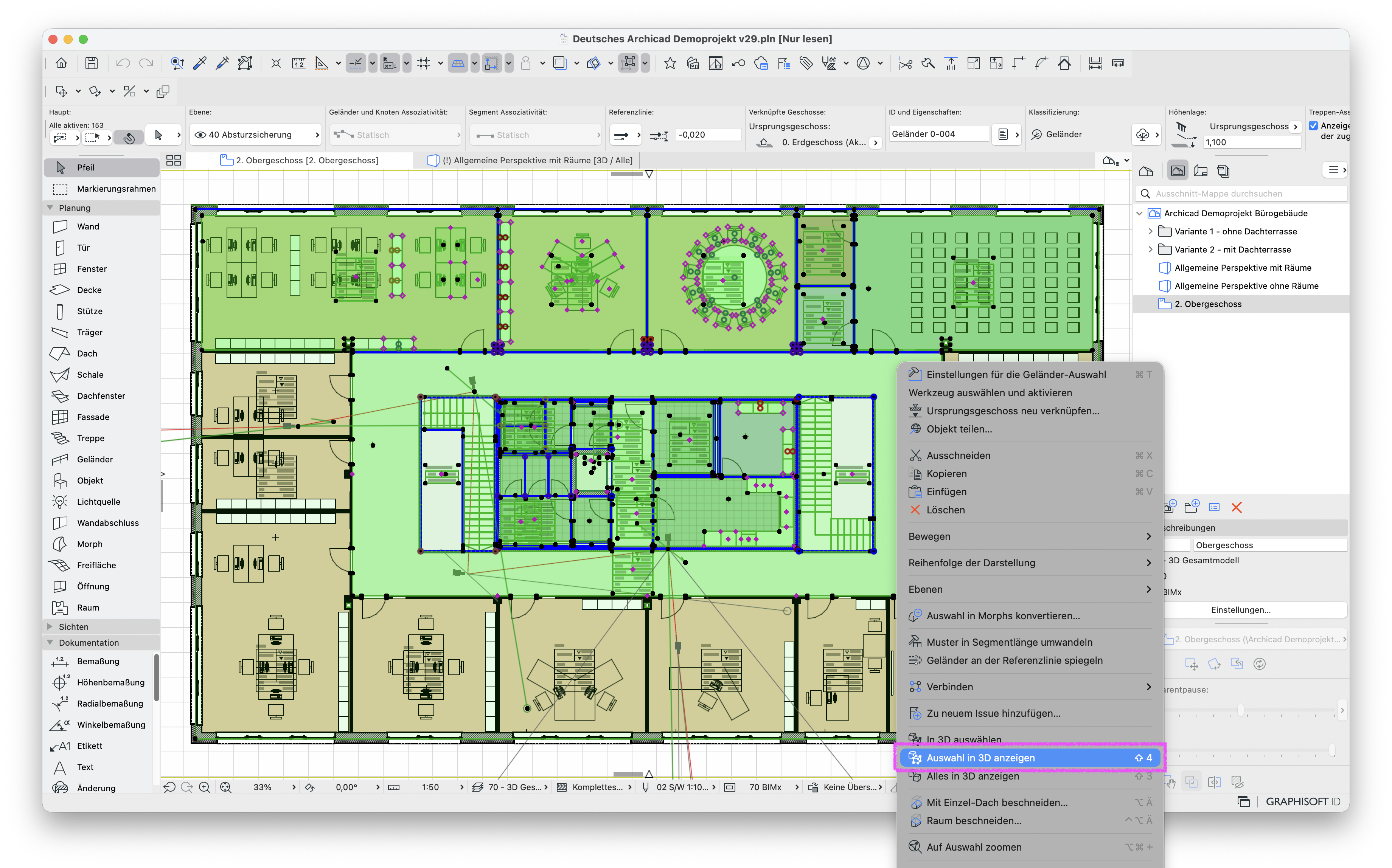 Grundriss eines Bürogeschosses mit mehreren aktivierten Geländer‑Elementen, für die per Rechtsklick das Kontextmenü geöffnet ist; darin ist der Befehl Auswahl in 3D anzeigen hervorgehoben, mit dem nur die ausgewählten Elemente in einem 3D‑Fenster dargestellt werden, um ihre räumliche Lage und Verbindung im Modell gezielt zu prüfen.