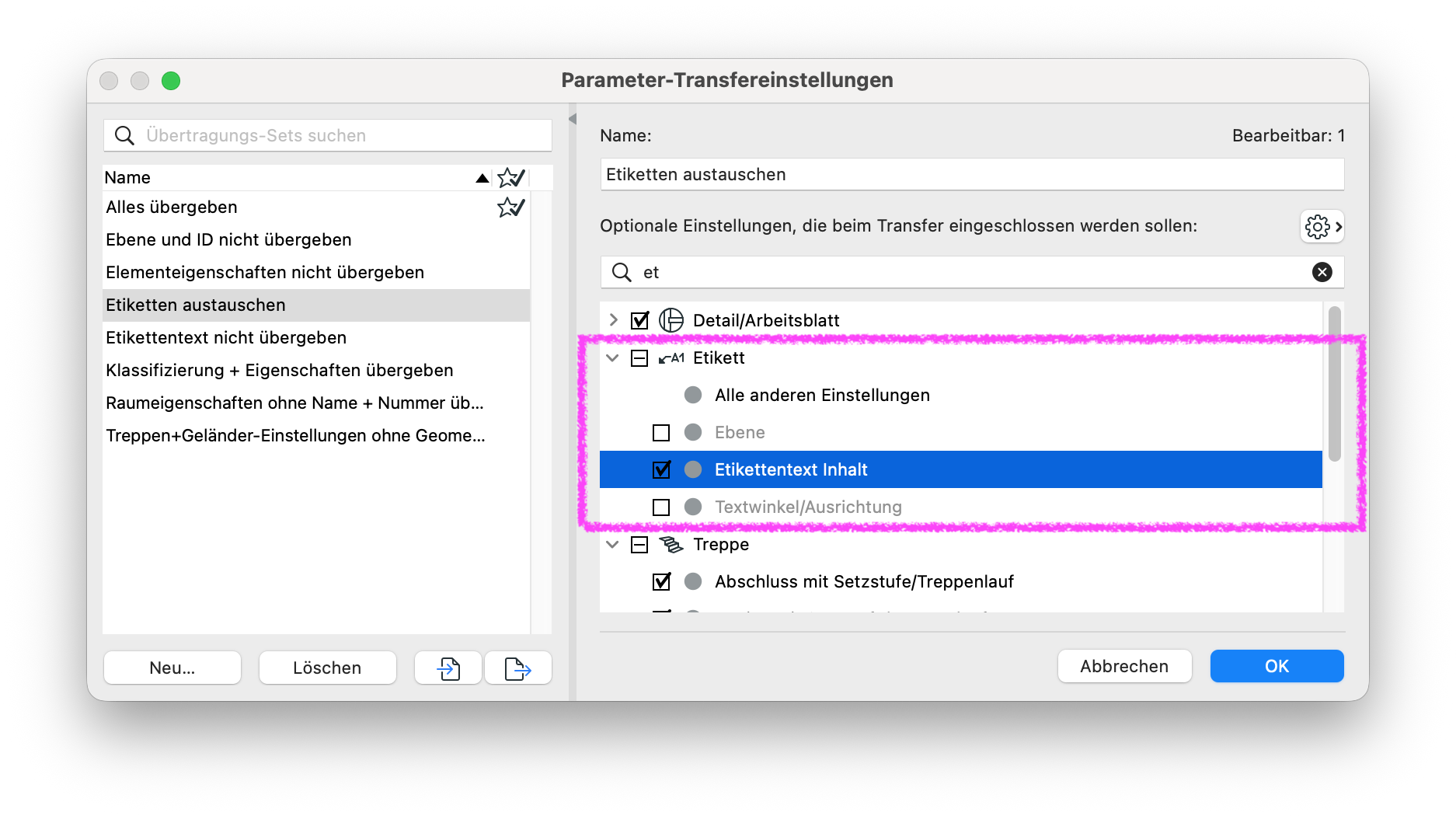 Die Parameter-Transfereinstellungen mit dem Übertragungs-Set Etiketten austauschen. Im Bereich der optionalen Einstellungen ist der Eintrag Etikett aufgeklappt. Die Option Etikettentext Inhalt ist aktiviert, sodass beim Parameter-Transfer nur der Inhalt von Etiketten übertragen wird, ohne die übrigen Etiketteneinstellungen zu übernehmen.