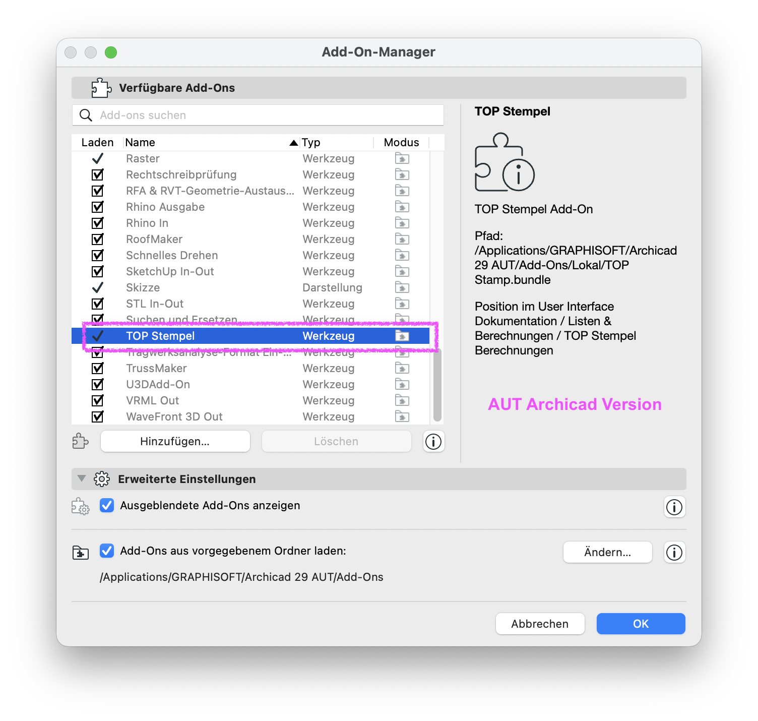 TOP-Stempel-Add-On ist nur in der AUT Version verfügbar.