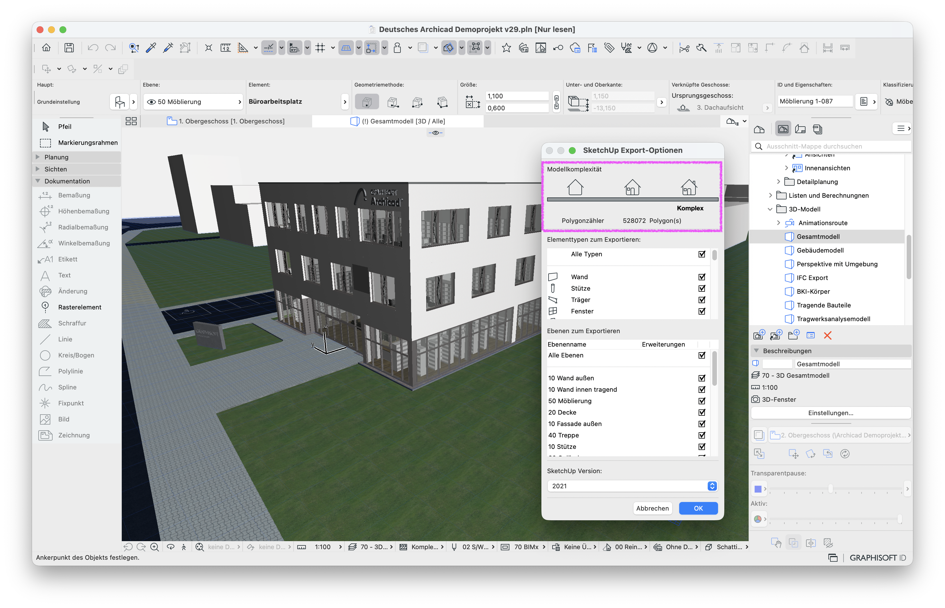 Im SketchUp Export-Optionen-Dialog wird die Komplexität und Polygonanzahl des sichtbaren 3D-Modells angezeigt.