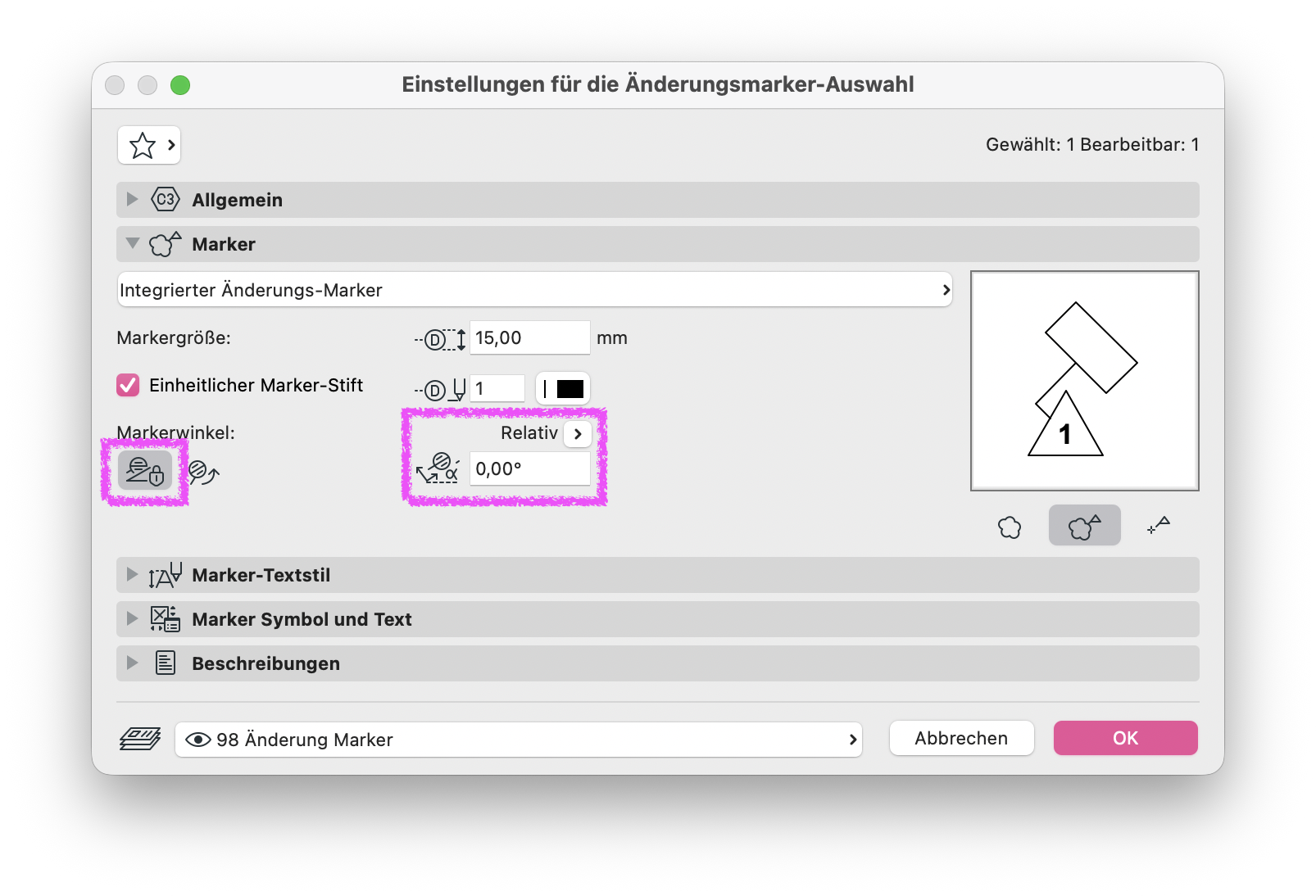 Die Einstellungen des integrierten Änderungs-Markers. Im Bereich Markerwinkel ist die Einstellung für einen relativen Markerwinkel hervorgehoben. Daneben ist der Winkel auf 0,00° eingestellt.