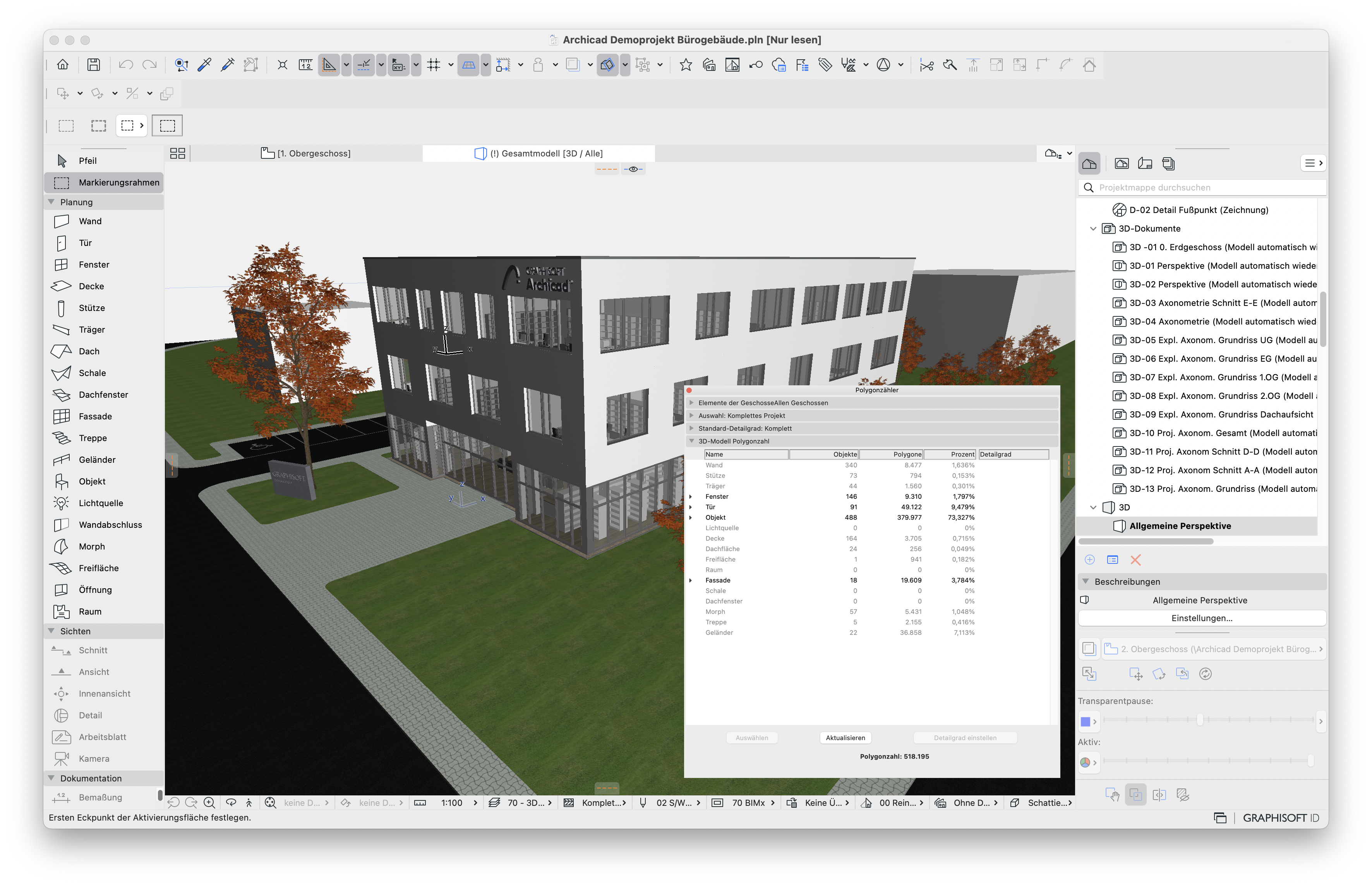3D‑Fenster mit einer perspektivischen Ansicht des Bürogebäudes aus dem Demoprojekt, rechts unten ist der Dialog Polygonzähler eingeblendet, der die Polygonanzahl des gesamten 3D‑Modells nach Elementtypen wie Wand, Fenster, Objekt und Geländer aufschlüsselt und die Gesamt‑Polygonzahl von 518.195 Polygonen anzeigt.