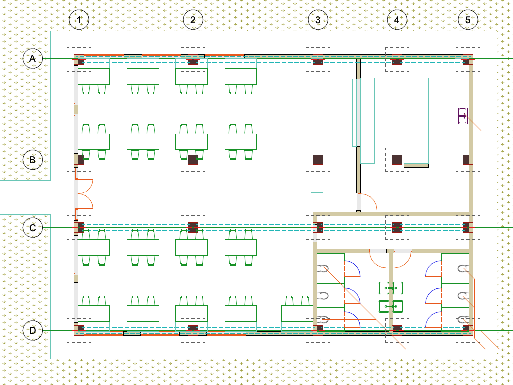 Plan ArchiCAD en vue de dessus d'un bâtiment avec grille de repères 1-5 et A-D, montrant une salle de classe avec pupitres, un couloir central et des sanitaires avec cabines à droite.