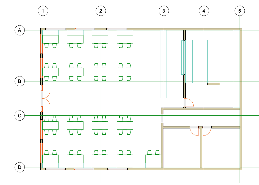 Plan ArchiCAD sans mise en évidence, avec grille de repères 1-5 et A-D, montrant une salle de classe avec 17 pupitres alignés, un couloir et deux sanitaires à droite.
