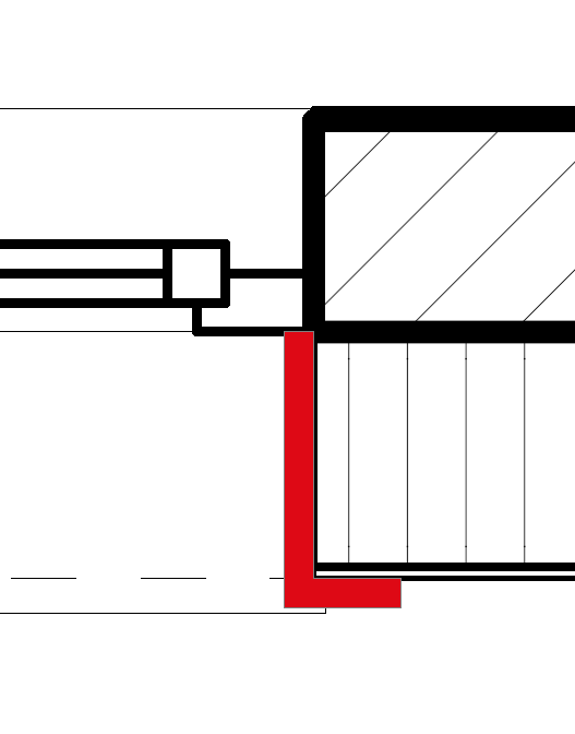 Détail de coupe ArchiCAD montrant l'intersection d'un mur en béton hachuré avec un élément d'appui mis en évidence en rouge sous le seuil de fenêtre.