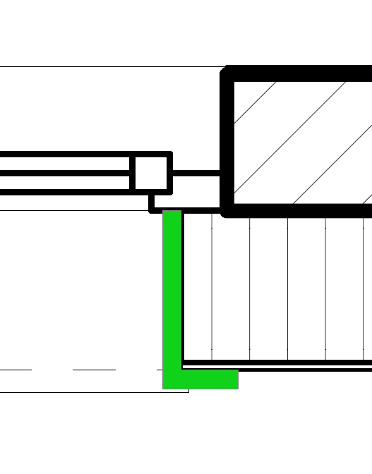 Détail de coupe ArchiCAD montrant l'intersection d'un mur en béton hachuré avec un élément d'appui mis en évidence en vert clair sous le seuil de fenêtre.